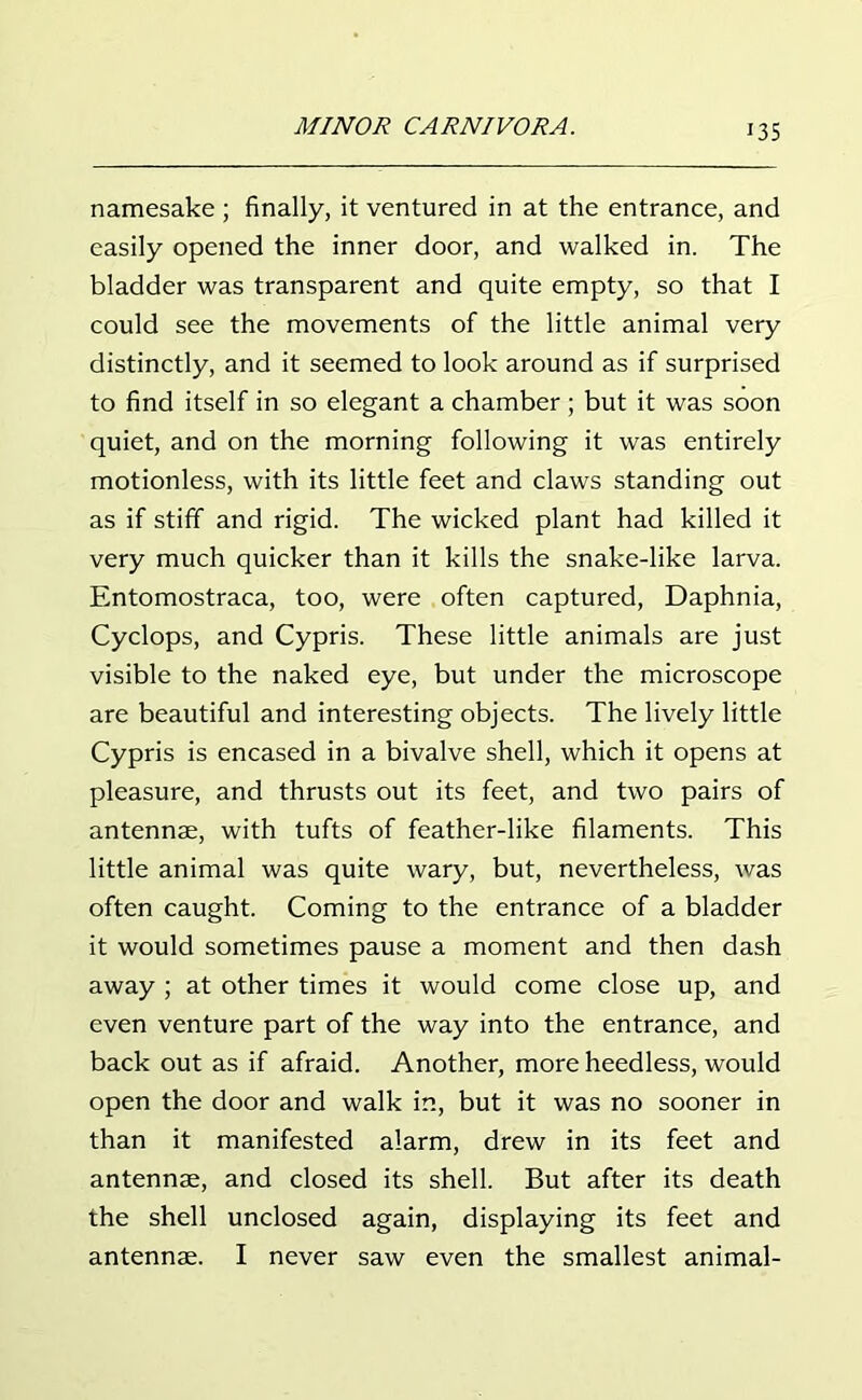 J35 namesake ; finally, it ventured in at the entrance, and easily opened the inner door, and walked in. The bladder was transparent and quite empty, so that I could see the movements of the little animal very distinctly, and it seemed to look around as if surprised to find itself in so elegant a chamber ; but it was soon quiet, and on the morning following it was entirely motionless, with its little feet and claws standing out as if stiff and rigid. The wicked plant had killed it very much quicker than it kills the snake-like larva. Entomostraca, too, were often captured, Daphnia, Cyclops, and Cypris. These little animals are just visible to the naked eye, but under the microscope are beautiful and interesting objects. The lively little Cypris is encased in a bivalve shell, which it opens at pleasure, and thrusts out its feet, and two pairs of antennae, with tufts of feather-like filaments. This little animal was quite wary, but, nevertheless, was often caught. Coming to the entrance of a bladder it would sometimes pause a moment and then dash away ; at other times it would come close up, and even venture part of the way into the entrance, and back out as if afraid. Another, more heedless, would open the door and walk in, but it was no sooner in than it manifested alarm, drew in its feet and antennae, and closed its shell. But after its death the shell unclosed again, displaying its feet and antennae. I never saw even the smallest animal-