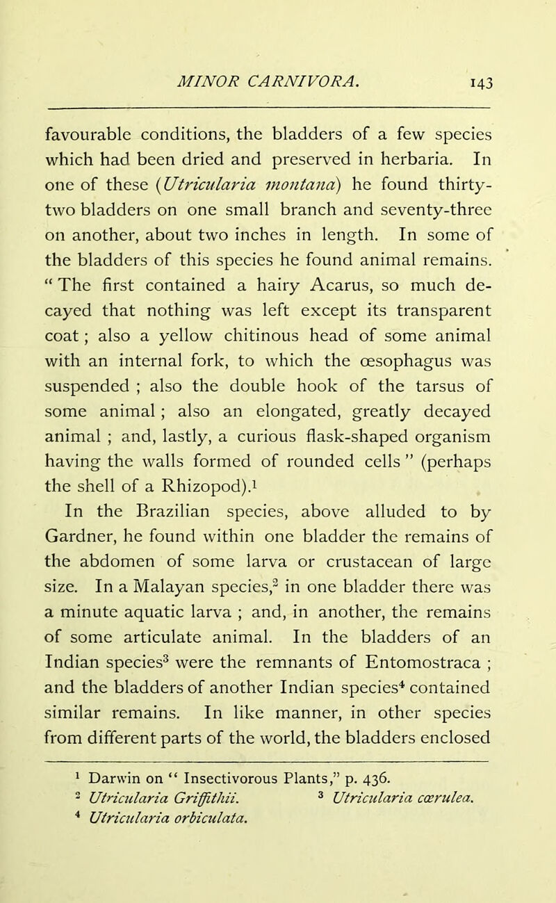 favourable conditions, the bladders of a few species which had been dried and preserved in herbaria. In one of these {Utricularia montana) he found thirty- two bladders on one small branch and seventy-three on another, about two inches in length. In some of the bladders of this species he found animal remains. “ The first contained a hairy Acarus, so much de- cayed that nothing was left except its transparent coat; also a yellow chitinous head of some animal with an internal fork, to which the oesophagus was suspended ; also the double hook of the tarsus of some animal; also an elongated, greatly decayed animal ; and, lastly, a curious flask-shaped organism having the walls formed of rounded cells ” (perhaps the shell of a Rhizopod).1 In the Brazilian species, above alluded to by Gardner, he found within one bladder the remains of the abdomen of some larva or crustacean of large size. In a Malayan species,* 3 in one bladder there was a minute aquatic larva ; and, in another, the remains of some articulate animal. In the bladders of an Indian species3 were the remnants of Entomostraca ; and the bladders of another Indian species4 contained similar remains. In like manner, in other species from different parts of the world, the bladders enclosed 1 Darwin on “ Insectivorous Plants,” p. 436. 3 Utricularia Griffithii. 3 JJtricularia ccerulea. 4 Utricularia orbiculata.