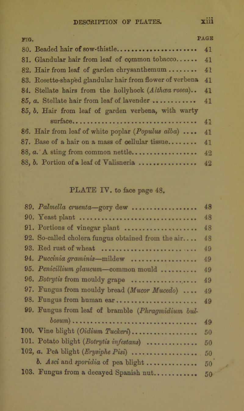 FIO. PAGE 80. Beaded hair of sow-thistle 41 81. Glandular hair from leaf of common tobacco 41 82. Hair from leaf of garden chrysanthemum 41 83. Rosette-shaped glandular hair from flower of verbena 41 84. Stellate hairs from the hollyhock (Althcea rosea).. 41 85. a. Stellate hair from leaf of lavender 41 85, 5. Hair from leaf of garden verbena, with warty surface 41 86. Hair from leaf of white poplar (Popidus alba) .... 41 87. Base of a hair on a mass of cellular tissue 41 88, a. A sting from common nettle 42 88,6. Portion of a leaf of Yalisneria 42 PLATE IY. to face page 48. 89. Palmella cruenta—gory dew 48 90. Yeast plant 48 91. Portions of vinegar plant 48 92. So-called cholera fungus obtained from the air.... 48 93. Red rust of wheat 49 94. Puccinia graminis—mildew 49 95. Penitillium glaucum—common mould 49 96. Boti-ytis from mouldy grape 49 97. Fungus from mouldy bread (Mucor Mucedo) .... 49 98. Fungus from human ear 49 99. Fungus from leaf of bramble (Phragmidium bid- bomm) 49 100. Yine blight (Oidium, Tuckeri) 50 101. Potato blight (Botrytis infcstans) 50 102. a. PeS. blight (Erysiphe Pisi) 50 6. Asti and spondia of pea blight 50 103. Fungus from a decayed Spanish nut 50