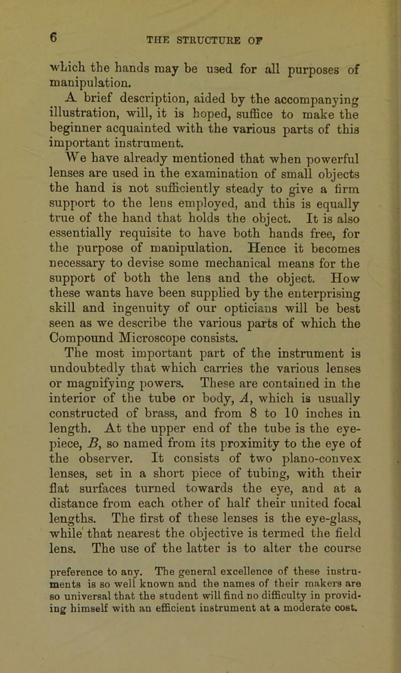 wLich the hands may be used for all purposes of manipulation. A brief description, aided by the accompanying illustration, will, it is hoped, suffice to make the beginner acquainted with the various parts of this important instrument. We have already mentioned that when powerful lenses are used in the examination of small objects the hand is not sufficiently steady to give a firm support to the lens employed, and this is equally true of the hand that holds the object. It is also essentially requisite to have both hands free, for the purpose of manipulation. Hence it becomes necessary to devise some mechanical means for the support of both the lens and the object. How these wants have been supplied by the enterprising skill and ingenuity of our opticians will be best seen as we describe the various parts of which the Compound Microscope consists. The most important part of the instrument is undoubtedly that which carries the various lenses or magnifying powers. These are contained in the interior of the tube or body, A, which is usually constructed of brass, and from 8 to 10 inches in length. At the upper end of the tube is the eye- piece, B, so named from its proximity to the eye of the observer. It consists of two plano-convex lenses, set in a short piece of tubing, with their flat surfaces turned towards the eye, and at a distance from each other of half their united focal lengths. The first of these lenses is the eye-glass, while that nearest the objective is termed the field lens. The use of the latter is to alter the course preference to any. The general excellence of these instru- ments is so well known and the names of their makers are so universal that the student will find no difficulty in provid- ing himself with an efficient instrument at a moderate cost.