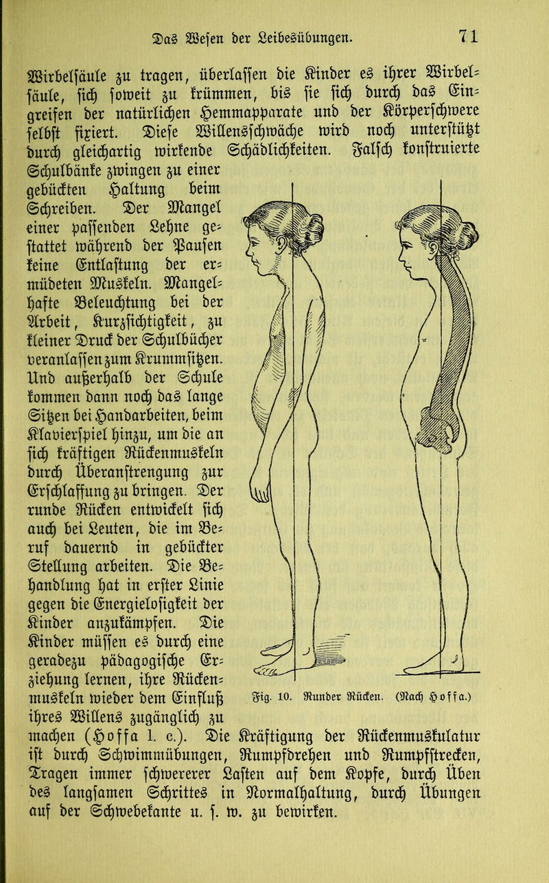 d SBirbetfäute gu tragen, übertaffen bie Kinber eg ihrer SBirbek fäute, fidh fotoeit gu trüntmen, big ffe fiep burch bag @in= greifen ber natürlichen §emmapparate nnb ber Körperfdffoere fetbft fixiert. £)iefe Sßittengfdhmädhe tnirb noch unterftüfet buri) gleichartig mirfenbe Schäbtichfeiten. gatfrf) fonftruierte Schutbänfe gingen gu einer gebüßten §attung beim Schreiben. $)er fanget einer paffenben Sehne ge^ ftattet mährenb ber Raufen feine (Snttaftung ber er; mübeten Sftugfetn. fanget; hafte S5etend)tnng bei ber Arbeit, Kurgfidhtigfeit, gu fteiner £)ru<f ber Schutbüdjer r er antaff engunt Krummfi|en. Unb aufferpatb ber Sehnte fontmen bann noch bag ^an9e Si^en bei §anbarbeiten, beim Ktabierfpiet ^ingu, um bie an fiep fräftigen Slüdenmugfetn burch Überanftrengung gur (Srfdhtaffnng gu bringen. ®er rnnbe hülfen entmidett fid) auch bei Seuten, bie im S3e= ruf bauernb in gebüßter Stettnng arbeiten. 3)ie 23e; hanbtnng hat in erfter Sinie gegen bie ©nergietofigfeit ber Kinber angufämpfen. S)ie Kinber muffen eg burd) eine gerabegu pabagogifepe giehnng ternen, ihre SRüdem mugfetn mieber bem ©inftuff ihreg SBitteng gugängtid) gu machen (§offa 1. c.). £)ie Kräftigung ber Sftücfenmugfutatur ift burdh Scptoimmübungen, Sftumpfbrehen nnb 9tumpfftreden, fragen immer fdpmererer Saften auf bem Kopfe, burdh Üben beg tangfamen Schritteg in ^ormatpattung, burdh Übungen auf ber Scpmebefante u. f. m. gu bemirfen. gig. 10. SRimbet Stütfen. (9Zad^ §offa.)