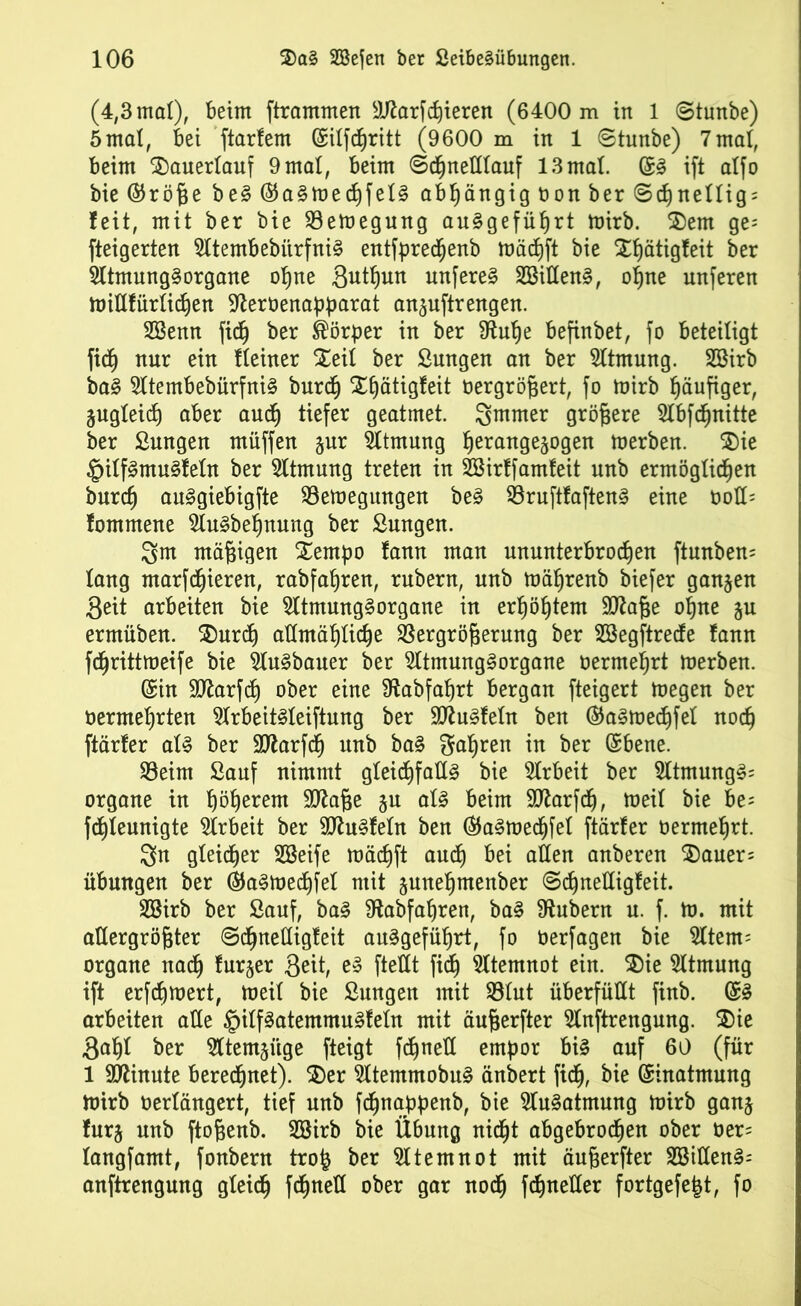 (4,3 möf), beim ftrammen SJfatrfchieren (6400 m in 1 ©tunbe) 5mal, bei ftarfem ©ilfchritt (9600 m in 1 ©tunbe) 7 mal, beim ©auerlauf 9 mal, beim Schnelllauf 13mal. ©S ift alfo bie ©röße beS ©aSmechfelS abhängig non ber ©djnelligs !eit, mit ber bie Vemegung auSgeführt mirb. &ent ge= fteigerten SltembebürfniS entfpredfjenb mädhft bie Xfyätigfeit ber SltmungSorgane ohne Snthun unfereS SBillenS, of>ne unferen millfürlichen -Jterüenapparat an^uftrengen. SSenn fich ber Körper in ber 9fatl)e befinbet, fo beteiligt fiel) nur ein fleiner Seil ber Sungen an ber Atmung. SBirb baS SltembebürfniS burdj Xf)ätig!eit oergrößert, fo mirb häufiger, äugleid) aber auch tiefer geatmet. 3mmer größere Slbfchnitte ber Sungen muffen §ur Atmung herangejogen merben. $)ie ^ilfSmuSfeln ber Atmung treten in 2öirffamfeit unb ermöglichen burcf) auSgiebigfte Vemegungen beS VruftfaftenS eine t)ott= fommene SluSbehnung ber Sungen. 3m mäßigen Xernpo fann man ununterbrochen ftunben= lang marfchieren, rabfahren, rubern, unb mährenb biefer ganzen Seit arbeiten bie $ltmungSorgane in erhöhtem Sttaße ohne ju ermüben. $)urcf) allmähliche Vergrößerung ber SBegftrecfe fann fcßrittmetfe bie SfuSbauer ber SltmungSorgane oermehrt merben. (£tn Sftarfch ober eine fftabfaßrt bergan fteigert megen ber oermeljrten SlrbeitSleiftung ber SttuSfeln ben ®aSmedhfel noch ftärfer als ber SttarfdE) unb baS fahren in ber ©bene. Veim Sauf nimmt gleichfalls bie Arbeit ber 5ltmungS= organe in höherem SOfaiße ju als beim SOfairfch, meil bie be= fchleunigte Arbeit ber SttuSfeln ben ©aStoechfel ftärfer üermehrt. Sn gleicher SBeife mächft aud) bei allen anberen Bauers Übungen ber (SJaSmechfel mit §unehmenber ©chnelfigfeit. 2öirb ber Sauf, baS Vabfaßren, baS Zubern u. f. m. mit allergrößter ©chnelfigfeit auSgeführt, fo oerfagen bie Eltern* organe nadj fur§er Seit, eS ftettt fich Atemnot ein. $)ie Atmung ift erfchmert, meil bie Sungen mit Vlut überfüllt finb. ©S arbeiten alle §ilfSatemmuSfeln mit äußerfter Slnftrengung. $)ie Saßl ber Sltemjüge fteigt fc^nett empor bis auf 60 (für 1 SOfanute berechnet). $)er SltemmobuS änbert fich, öie (Einatmung mirb oerlängert, tief unb fchnappenb, bie Ausatmung mirb ganj furj unb ftoßenb. SBirb bie Übung ni(ht abgebrochen ober üer= langfamt, fonbern trofe ber Atemnot mit äußerfter SBiUenS^ anftrengung gleich fchnell ober gar nodh fchnetler fortgefejjt, fo