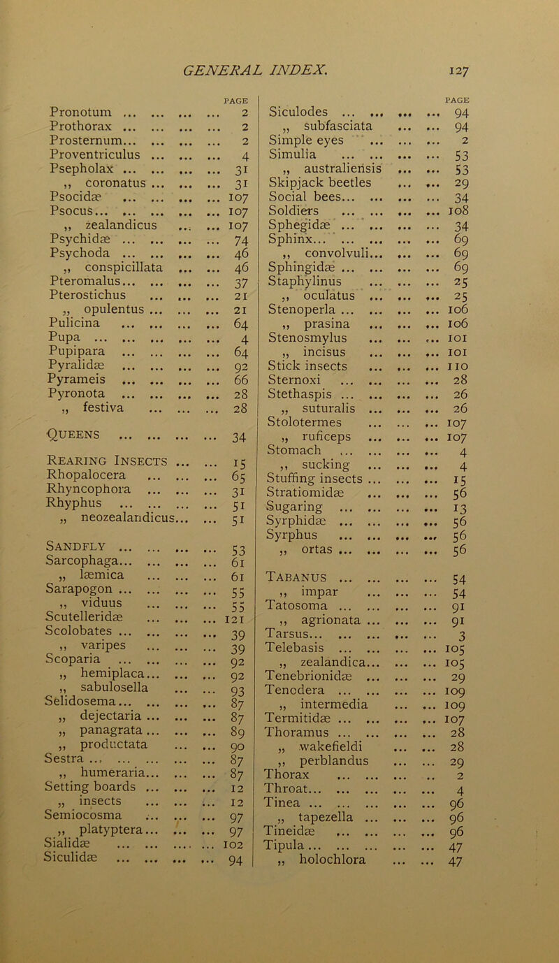 PAGE Pronotum 2 Prothorax 2 Prosternum ... 2 Proventriculus • • • 4 Psepholax • • • 3i ,, coronatus • • • 3i Psocida? • • • 107 Psocus • • • 107 ,, zealandicus • • • 107 Psychidas ... 74 Psychoda • • • 46 „ conspicillata ... • • • 46 Pteromalus • • • 37 Pterostichus ■ • • 21 „ opulentus • • • 21 Pulicina • • • 64 Pupa ... • • • 4 Pupipara • • • 64 Pyralidce • • • 92 Pyrameis • ■ • 66 Pyronota • • • 23 „ festiva • • • 28 Queens ... 34 Rearing Insects ... 15 Rhopalocera ... 65 Rhyncophora 3i Rhyphus ... 51 „ neozealandicus... 5i Sandfly 53 Sarcophaga ... 61 „ lsemica 61 Sarapogon 55 ,, viduus Scutelleridae J J 121 Scolobates . 39 „ varipes 39 Scoparia ... 92 „ hemiplaca ... 92 „ sabulosella 93 Selidosema • • • 87 „ dejectaria • • • 37 „ panagrata • • • 89 ,, productata • • • 90 Sestra • • • 87 „ humeraria ... 87 Setting boards • , . 12 „ insects • • • 12 Semiocosma ... 97 ,, platyptera • • • 97 Sialidae 102 Siculidas • • • 94 Siculodes • • • • • t PAGE 94 „ subfasciata • • • 94 Simple eyes • • • • • • 2 Simulia • • • 53 „ australiensis • • • • • • 53 Skipjack beetles • • • • • • 29 Social bees • . . 34 Soldiers • • • 108 Sphegidae • • • • . • 34 Sphinx • • • • • • 69 ,, convolvuli... • • • 69 Sphingidas • • • 69 Staphylinus • • • 25 ,, oculatus ... ♦ • • 25 Stenoperla • • • • • • 106 ,, prasina • • • • • • 106 Stenosmylus c • • IOI „ incisus • • • IOI Stick insects • • • 110 Sternoxi • • • 28 Stethaspis • • • 26 „ suturalis ... • • • • • • 26 Stolotermes • • « • • • 107 „ ruficeps • • • • • • 107 Stomach • • • 4 ,, sucking • ■ ■ 4 Stuffing insects ... . . , • • • 15 Stratiomidae • • • 56 Sugaring • • • 13 Syrphidse • • • • • • 56 Syrphus • • • • •f 56 ,, ortas ... • • • 56 Tabanus ... 54 ,, impar •.. 54 Tatosoma • • • • • • 9i ,, agrionata ... • • • • • • 9i Tarsus • • • 3 Telebasis • • • 105 „ zealandica... • • • i°5 Tenebrionidae ... ... 29 Tenodera • • • 109 „ intermedia • • • 109 Termitidae • • • 107 Thoramus • • • 28 „ wakefieldi • • • • • • 28 ,, perblandus • • • . , . 29 Thorax • • • • • 2 Throat • • • ... 4 Tinea ... ... 96 „ tapezella ... • . • • • • 96 Tineidae • • • • • • 96 Tipula • . . • • • 47 „ holochlora . . . • • • 47