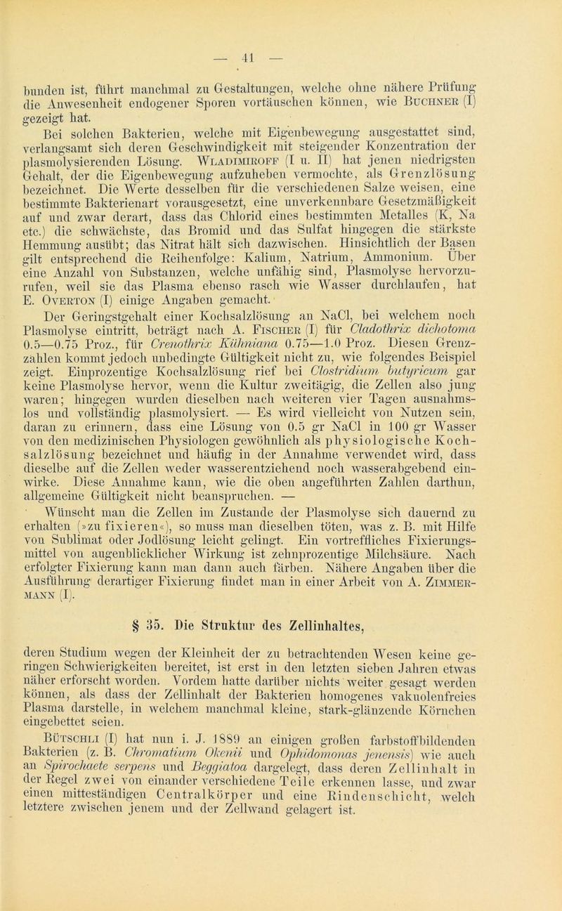 bunden ist, führt manchmal zu Gestaltungen, welche ohne nähere Prüfung die Anwesenheit endogener Sporen vortäuschen können, wie Büchner (I) gezeigt hat. Bei solchen Bakterien, welche mit Eigenbewegung ausgestattet sind, verlangsamt sich deren Geschwindigkeit mit steigender Konzentration der plasmolysierenden Lösung. Wladimiroff (I u. II) hat jenen niedrigsten Gehalt, der die Eigenbewegung aufzuheben vermochte, als Grenzlösung bezeichnet. Die Werte desselben für die verschiedenen Salze weisen,, eine bestimmte Bakterienart vorausgesetzt, eine unverkennbare Gesetzmäßigkeit auf und zwar derart, dass das Chlorid eines bestimmten Metalles (K, Na etc.) die schwächste, das Bromid und das Sulfat hingegen die stärkste Hemmung austibt; das Nitrat hält sich dazwischen. Hinsichtlich der Basen gilt entsprechend die Reihenfolge: Kalium, Natrium, Ammonium. Uber eine Anzahl von Substanzen, welche unfähig sind, Plasmolyse hervorzu- rufen, weil sie das Plasma ebenso rasch wie Wasser durchlaufen, hat E. Overton (I) einige Angaben gemacht. Der Geringstgehalt einer Kochsalzlösung an NaCl, bei welchem noch Plasmolyse eintritt, beträgt nach A. Fischer (I) für Cladofhrix dichotoma 0.5—0.75 Proz., für Crenothrix Kühniana 0.75—1.0 Proz. Diesen Grenz- zahlen kommt jedoch unbedingte Gültigkeit nicht zu, wie folgendes Beispiel zeigt. Einprozentige Kochsalzlösung rief bei Clostridium butyricum gar keine Plasmolyse hervor, wenn die Kultur zweitägig, die Zellen also jung waren; hingegen wurden dieselben nach weiteren vier Tagen ausnahms- los und vollständig plasmolysiert. — Es wird vielleicht von Nutzen sein, daran zu erinnern, dass eine Lösung von 0.5 gr NaCl in 100 gr Wasser von den medizinischen Physiologen gewöhnlich als physiologische Koch- salzlösung bezeichnet und häufig in der Annahme verwendet wird, dass dieselbe auf die Zellen weder wasserentziehend noch wasserabgebend ein- wirke. Diese Annahme kann, wie die oben angeführten Zahlen darthun, allgemeine Gültigkeit nicht beanspruchen. — Wünscht man die Zellen im Zustande der Plasmolyse sich dauernd zu erhalten (»zu fixieren«), so muss man dieselben töten, was z. B. mit Hilfe von Sublimat oder Jodlösung leicht gelingt. Ein vortreffliches Fixierungs- mittel von augenblicklicher Wirkung ist zehnprozentige Milchsäure. Nach erfolgter Fixierung kann man dann auch färben. Nähere Angaben über die Ausführung derartiger Fixierung findet man in einer Arbeit von A. Zimmer- mann (I). § 35. Die Struktur des Zellinhaltes, deren Studium wegen der Kleinheit der zu betrachtenden Wesen keine ge- ringen Schwierigkeiten bereitet, ist erst in den letzten sieben Jahren etwas näher erforscht worden. Vordem hatte darüber nichts weiter gesagt werden können, als dass der Zellinhalt der Bakterien homogenes vakuolenfreies Plasma darstelle, in welchem manchmal kleine, stark-glänzende Körnchen eingebettet seien. Bütschli (I) hat nun i. J. 1889 an einigen großen farbstoffbildenden Bakterien (z. B. Chromatium Okenii und Ophidomonas jenensis) wie auch an Spirochciete serpens und Beggiatoa dargelegt, dass deren Zellinhalt in der Regel zwei von einander verschiedene Teile erkennen lasse, und zwar einen mitteständigen Centralkörper und eine Rinden Schicht, welch letztere zwischen jenem und der Zellwand gelagert ist.
