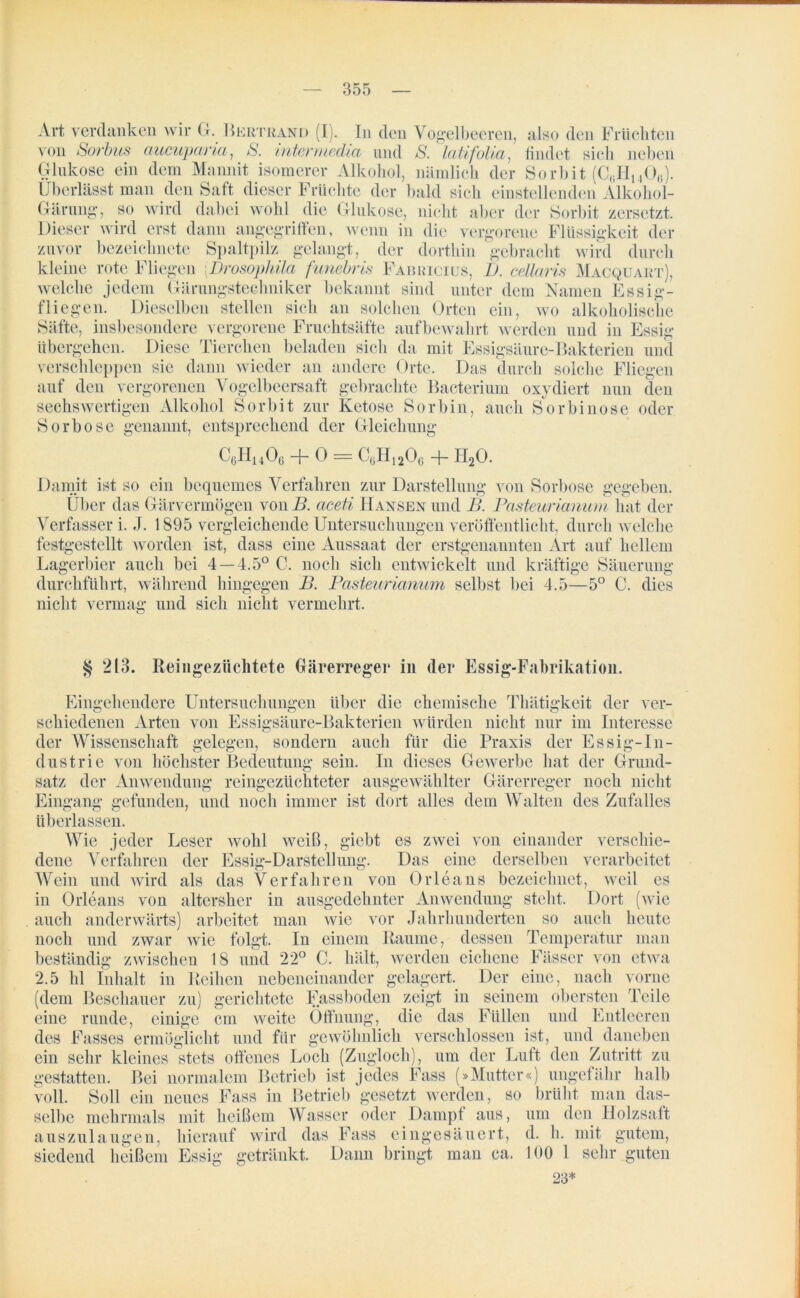 Art verdanken wir G. Bertrand (I). In den Vogelbeeren, also den Früchten von Sorbits aucuparia, S. interniedia und S. latifolia, findet sich neben Glukose ein dem Mannit isomerer Alkohol, nämlich der Sorbit (C0H14O6). Überlässt man den Saft dieser Früchte der bald sich einstellenden Alkohol- Gärung, so wird dabei wohl die Glukose, nicht aber der Sorbit zersetzt. Dieser wird erst dann angegriffen, wenn in die vergorene Flüssigkeit der zuvor bezeichncte Spaltpilz gelangt, der dorthin gebracht wird durch kleine rote Fliegen (Drosophila funebris Fabricius, 1). cellaris Macquart), welche jedem Gärungstechniker bekannt sind unter dem Namen Essig- fliegen. Dieselben stellen sich an solchen Orten ein, wo alkoholische Säfte, insbesondere vergorene Fruchtsäfte aufbewahrt werden und in Essig übergehen. Diese Tierchen beladen sich da mit Essigsäure-Bakterien und verschleppen sie dann wieder an andere Orte. Das durch solche Fliegen auf den vergorenen Vogelheersaft gebrachte Bacterium oxydiert nun den sechswertigen Alkohol Sorbit zur Ketose Sorbin, auch Sorbin ose oder Sorbose genannt, entsprechend der Gleichung CgH^Og -f- 0 = CßH1206 -f- H20. Damit ist so ein bequemes Verfahren zur Darstellung von Sorbose gegeben. Über das Gärvermögen von B. ciceti Hansen und B. Pasteurianum hat der Verfasser i. J. 1895 vergleichende Untersuchungen veröffentlicht, durch welche festgestellt worden ist, dass eine Aussaat der erstgenannten Art auf hellem Lagerbier auch bei 4 — 4.5° C. noch sich entwickelt und kräftige Säuerung durchführt, während hingegen B. Pasteurianum selbst bei 4.5—5° C. dies nicht vermag und sich nicht vermehrt. § 213. Reingeziichtete Gärerreger in (1er Essig-Fabrikation. Arten von Essigsäure-Bakterien würden nicht nur im Interesse sondern auch für die Praxis der Essig-In- Eingehendere Untersuchungen über die chemische Thätigkeit der ver- schiedenen der Wissenschaft gelegen, dustric von höchster Bedeutung sein. In dieses Gewerbe hat der Grund- satz der Anwendung reingezüchteter ausgewählter Gärerreger noch nicht Eingang gefunden, und noch immer ist dort alles dem Walten des Zufalles überlassen. Wie jeder Leser wohl weiß, giebt es zwei von einander verschie- dene Verfahren der Essig-Darstellung. Das eine derselben verarbeitet Wein und wird als das Verfahren von Orleans bezeichnet, weil es in Orleans von altershcr in ausgedehnter Anwendung steht. Dort (wie auch anderwärts) arbeitet man wie vor Jahrhunderten so auch heute noch und zwar wie folgt. In einem Raume, dessen Temperatur man beständig zwischen 18 und 22° C. hält, werden eichene Fässer von etwa 2.5 hl Inhalt in Reihen nebeneinander gelagert. Der eine, nach vorne (dem Beschauer zu) gerichtete Fassboden zeigt in seinem obersten Teile eine runde, einige cm weite Öffnung, die das Füllen und Entleeren des Fasses ermöglicht und für gewöhnlich verschlossen ist, und daneben ein sehr kleines stets offenes Loch (Zugloch), um der Luft den Zutritt zu gestatten. Bei normalem Betrieb ist jedes Fass (»Mutter«) ungefähr halb voll. Soll ein neues Fass in Betrieb gesetzt werden, so brüht man das- selbe mehrmals mit heißem Wasser oder Dampf aus, um den Holzsaft auszulaugen, hierauf wird das Fass eingesäuert, d. h. mit siedend heißem Essi ig getränkt. Dann bringt man ca. 00 1 23* gutem, sehr guten