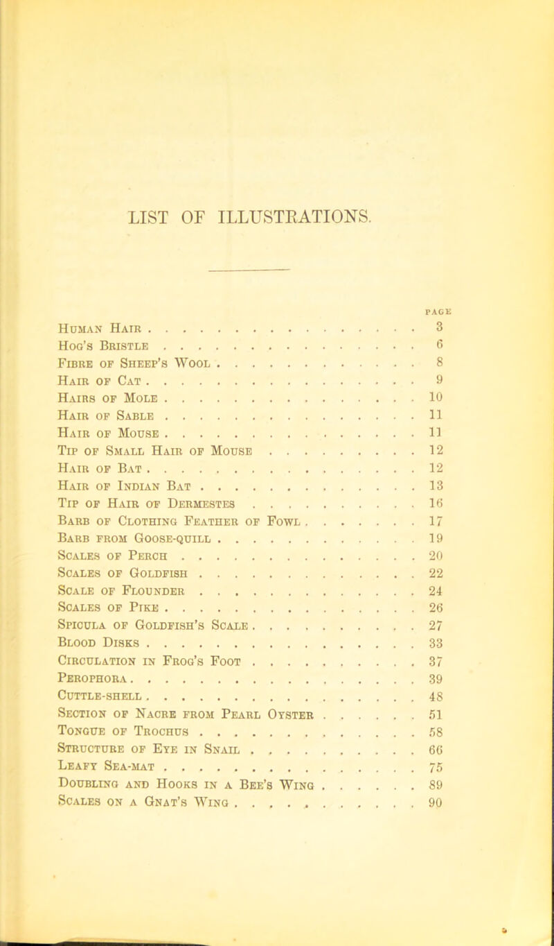 PAG Homan Hair 3 Hog’s Bristle 6 Fibre of Sheep’s Wool 8 Hair of Cat 9 Hairs of Mole 10 Hair of Sable 11 Hair of Mouse 11 Tip of Small Hair of Mouse 12 Hair of Bat 12 Hair of Indian Bat 13 Tip of Hair of Dermestes 16 Barb of Clothing Feather of Fowl 17 Barb from Goose-quill 19 Scales of Perch 20 Scales of Goldfish 22 Scale of Flounder 24 Scales of Pike 26 Spicula of Goldfish’s Scale 27 Blood Disks 33 Circulation in Frog’s Foot 37 Perophora 39 Cuttle-shell 48 Section of Nacre from Pearl Otster 51 Tongue of Trochus 58 Structure of Eye in Snail 66 Leafy Sea-mat 75 Doubling and Hooks in a Bee’s Wing 89 Scales on a Gnat’s Wing 90