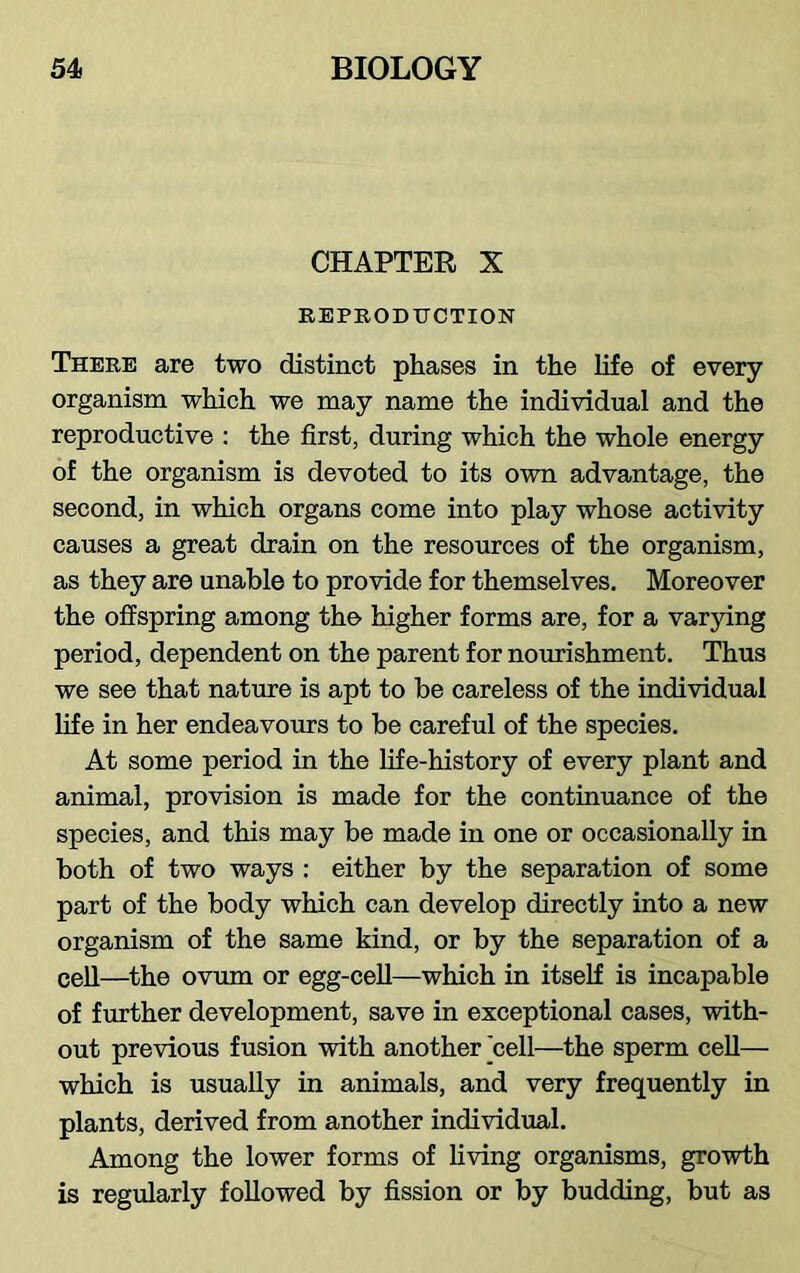 CHAPTER X REPRODUCTION There are two distinct phases in the life of every organism which we may name the individual and the reproductive : the first, during which the whole energy of the organism is devoted to its own advantage, the second, in which organs come into play whose activity causes a great drain on the resources of the organism, as they are unable to provide for themselves. Moreover the offspring among the higher forms are, for a varying period, dependent on the parent for nourishment. Thus we see that nature is apt to be careless of the individual life in her endeavours to be careful of the species. At some period in the life-history of every plant and animal, provision is made for the continuance of the species, and this may be made in one or occasionally in both of two ways : either by the separation of some part of the body which can develop directly into a new organism of the same kind, or by the separation of a cell—the ovum or egg-cell—which in itself is incapable of further development, save in exceptional cases, with- out previous fusion with another cell—the sperm cell— which is usually in animals, and very frequently in plants, derived from another individual. Among the lower forms of living organisms, growth is regularly followed by fission or by budding, but as