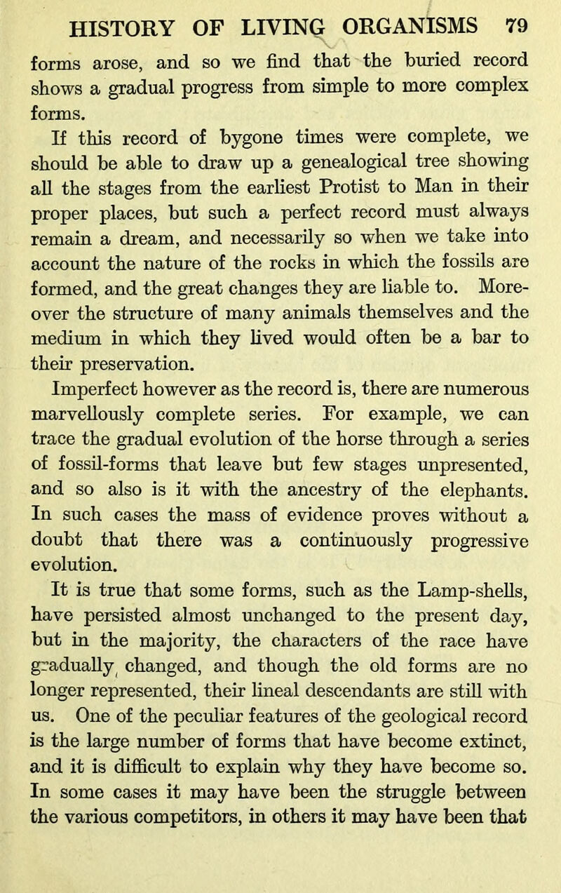 forms arose, and so we find that the buried record shows a gradual progress from simple to more complex forms. If this record of bygone times were complete, we should be able to draw up a genealogical tree showing all the stages from the earliest Protist to Man in their proper places, but such a perfect record must always remain a dream, and necessarily so when we take into account the nature of the rocks in which the fossils are formed, and the great changes they are liable to. More- over the structure of many animals themselves and the medium in which they lived would often be a bar to their preservation. Imperfect however as the record is, there are numerous marvellously complete series. For example, we can trace the gradual evolution of the horse through a series of fossil-forms that leave but few stages unpresented, and so also is it with the ancestry of the elephants. In such cases the mass of evidence proves without a doubt that there was a continuously progressive evolution. It is true that some forms, such as the Lamp-shells, have persisted almost unchanged to the present day, but in the majority, the characters of the race have gradually ( changed, and though the old forms are no longer represented, their lineal descendants are still with us. One of the peculiar features of the geological record is the large number of forms that have become extinct, and it is difficult to explain why they have become so. In some cases it may have been the struggle between the various competitors, in others it may have been that