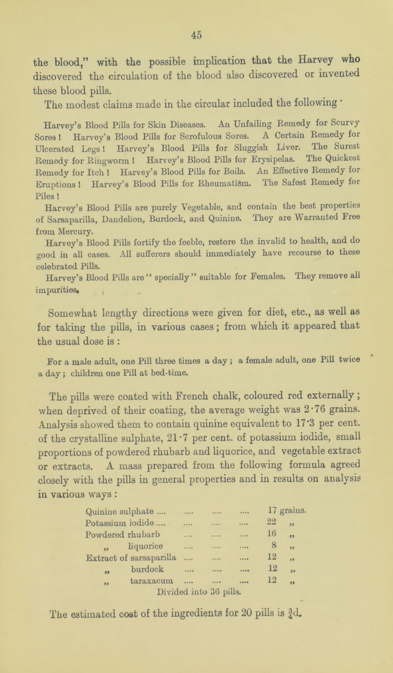 the blood,” with the possible implication that the Harvey who discovered the circulation of the blood also discovered or invented these blood pills. The modest claims made in the circular included the following ' Harvey’s Blood Pills for Skin Diseases. An Unfailing Remedy for Scurvy Sores ! Harvey’s Blood Pills for Scrofulous Sores. A Certain Remedy for Ulcerated Legs! Harvey’s Blood Pills for Sluggish Liver. The Surest Remedy for Ringworm ! Harvey’s Blood Pills for Erysipelas. The Quickest Remedy for Itch 1 Harvey’s Blood Pills for Boils. An Effective Remedy for Eruptions ! Harvey’s Blood PiUs for Rheumatism. The Safest Remedy for Piles ! Harvey’s Blood Pills are purely Vegetable, and contain the best properties of Sarsaparilla, Dandelion, Burdock, and Quinine. They are Waixanted Free from Mercury. Harvey’s Blood Pills fortify the feeble, restore the invalid to health, and do good in all cases. All sufferers should immediately have recourse to these celebrated Pills. Harvey’s Blood Pills are“ specially” suitable for Females. They remove all impuritieSf , ^ Somewhat lengthy directions were given for diet, etc., as well as for taking the pills, in various cases; from which it appeared that the usual dose is : For a male adult, one Pill three times a day ; a female adult, one Pill twice a day ; children one Pill at bed-time. The pills were coated with French chalk, coloured red externally ; when deprived of their coating, the average weight was 2*76 grains. Analysis showed them to contain quinine equivalent to 17*3 per cent, of the crystalline sulphate, 21‘7 per cent, of potassium iodide, small proportions of powdered rhubarb and liquorice, and vegetable extract or extracts. A mass prepared from the following formula agreed closely with the pills in general properties and in results on analysis in various ways : Quioiue sulphate 17 grains Potassium iodide 22 Powdered rhubarb 16 „ „ hquorice 8 „ Extract of sarsaparilla 12 „ „ burdock 12 „ taraxacum 12 .. Divided into 30 pills. The estimated cost of the ingredients for 20 pills is |cL