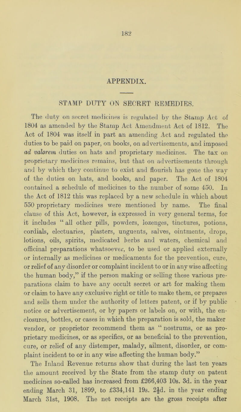 APPENDIX. STAMP DITTY ON SECRET REMEDIES. The (]iit,y on secret medicines is regulated by tlie Stamp Act of 1804 as amended by the Stamp Act .'Vmendment Act of 1812. The Act of 1804 was itself in part an amending Act and regulated the duties to be paid on paper, on books, on advertisements, and imposed ad valorem duties on hats and proprietary medicines. The tax on proprietary medicines remains, but that on advertisements tlirougli and by which they continue to exist and flourish has gone the way of the duties on hats, and books, and paper. The Act of 1804 contained a schedule of medicines to the number of some 450. In the Act of 1812 this was replaced by a new schedule in which about 550 proprietary medicines were mentioned by name. The final clause of this Act, however, is expressed in very general terms, for it includes “ all other pills, powders, lozenges, tinctures, potions, cordials, electuaries, plasters, unguents, salves, ointments, drops, lotions, oils, spirits, medicated herbs and waters, chemical and officinal preparations whatsoever, to be used or applied externally or internally as medicines or medicaments for the prevention, cure, or relief of any disorder or complaint incident to or in anywise afiecting the human body,” if the person making or selling these various pre- parations claim to have any occult secret or art for making them or claim to have any exclusive right or title to make them, or prepares and sells them under the authority of letters patent, or if by public notice or advertisement, or by papers or labels on, or with, the en- closures, bottles, or cases in which the preparation is sold, the maker vendor, or proprietor recommend them as “ nostrums, or as pro- prietary medicines, or as specifics, or as beneficial to the prevention, cure, or relief of any distemper, malady, ailment, disorder, or com- plaint incident to or in any wise affecting the human body.” The Inland Revenue returns show that during the last ten years the amount received by the State from the stamp duty on patent medicines so-called has increased from £266,403 10s. 3d. in the year ending March 31, 1899, to £334,141 19s. 2|d. in the year ending March 31st, 1908. The net receipts are the gross receipts after