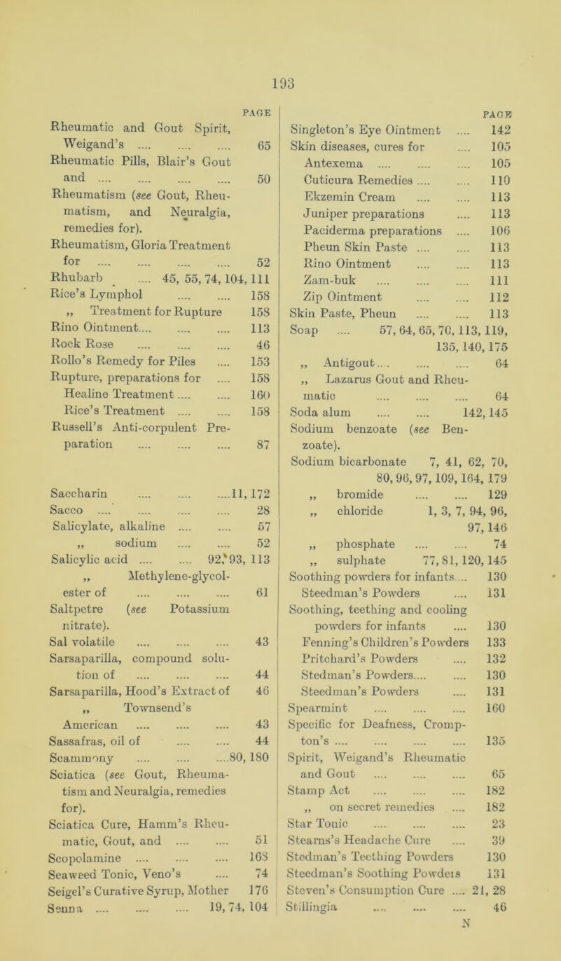 PAGE Rheumatic and Gout Spirit, Weigand’s 65 Rheumatic Pills, Blair’s Gout and 50 Rheumatism (see Gout, Rheu- matism, and Neuralgia, remedies for). Rheumatism, Gloria Treatment for 52 Rhubarb .... 45,55,74,104,111 Rice’s Lymphol 158 ,, Treatment for Rupture 158 Rino Ointment 113 Rock Rose .... .... .... 46 Rollo’s Remedy for Piles .... 153 Rupture, preparations for .... 158 Healine Treatment 160 Rice’s Treatment 158 Russell’s Anti-corpulent Pre- paration 87 Saccharin 11,172 Sacco .... 28 Salicylate, alkaline .... .... 57 „ sodium 52 Salicylic acid 92.'93, 113 „ Methylene-glycol- ester of .... 61 Saltpetre (see Potassium nitrate). Sal volatile .... 43 I Sarsaparilla, compound solu- | tion of 44 Sarsaparilla, Hood’s Extract of 46 j „ Townsend’s i American .... .... .... 43 i Sassafras, oil of 44 ! Scammony .... .... ....80,180 Sciatica (see Gout, Rheuma- tism and Neuralgia, remedies for). Sciatica Cure, Hamm’s Rheu- matic, Gout, and 51 Scopolamine .... .... .... 1G8 Seaweed Tonic, Venn’s .... 74 Seigel’s Curative Syrup, Mother 17G Senna .... .... .... 19,74,104 PACK Singleton’s Eye Ointment .... 142 Skin diseases, cures for .... 105 Antexema .... .... .... 105 Cuticura Remedies 110 Ekzemin Cream 113 Juniper preparations .... 113 Paciderma preparations .... 106 Pheun Skin Paste 113 Rino Ointment 113 Zam-buk .... .... .... Ill Zip Ointment 112 Skin Paste, Pheun 113 Soap .... 57,64,65,70,113,119, 135,140,175 „ Antigout 64 „ Lazarus Gout and Rheu- matic .... .... .... 64 Soda alum 142,145 Sodium benzoate (see Ben- zoate). Sodium bicarbonate 7, 41, 62, 70, 80, 96,97,109,164, 179 „ bromide 129 „ chloride L 3, 7, 94, 96, 97,146 „ phosphate 74 ,, sulphate 77,81,120,145 Soothing powders for infants.... 130 Steednian’s Powders .... 131 Soothing, teething and cooling powders for infants .... 130 Fenning’s Children’s Powders 133 Pritchard’s Powders .... 132 Stedman’s Powders.... .... 130 Steedman’s Powders .... 131 Spearmint .... .... .... 160 Specific for Deafness, Cromp- ton’s 135 Spirit, Weigand’s Rheumatic and Gout .... .... .... 65 Stamp Act 182 „ on secret remedies .... 182 Star Tonic 23 Steams’s Headache Cure .... 39 Stodman’s Teething Powders 130 Steedman’s Soothing Powdeis 131 Steven’s Consumption Cure .... 21, 28 Stillingia .... 46 N