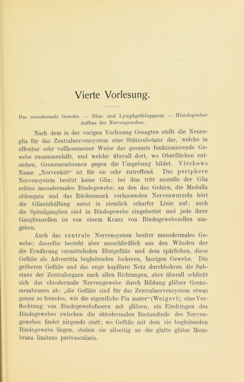 Vierte Vorlesung. Das mesotiermale Gewebe. — Blut- und Lymphgefäßapparat. — Histologischer Aufbau des Nervengewebes. Nach dem in der vorigen Vorlesung Gesagten stellt die Neuro- glia für das Zentralnervensystem eine Stützsubstanz dar, welche in offenbar sehr vollkommener Weise das gesamte funktionierende Ge- webe zusammenhält, und welche überall dort, wo Oberflächen ent- stehen, Grenzmembranen gegen die Umgebung bildet. Virchows Name „Nervenkitt“ ist für sie sehr zutreffend. Das periphere Nervensystem besitzt keine Glia; bei ihm tritt anstelle der Glia echtes mesodermales Bindegewebe; an den das Gehirn, die Medulla oblongata und das Rückenmark verlassenden Nervenwurzeln hört die Gliaeinhüllung meist in ziemlich scharfer Linie auf; auch die Spinalganglien sind in Bindegewebe eingebettet und jede ihrer Ganglienzellen ist von einem Kranz von Bindegewebszellen um- geben. Auch das zentrale Nervensystem besitzt mesodermales Ge- webe; dasselbe besteht aber ausschließlich aus den Wänden der die Ernährung vermittelnden Blutgefäße und dem spärlichen, diese Gefäße als Adventitia begleitenden lockeren, fasrigen Gewebe. Die gröberen Gefäße und das enge kapillare Netz durchbohren die Sub- stanz der Zentralorgane nach allen Richtungen, aber überall schließt sich das ektodermale Nervengewebe durch Bildung gliöser Grenz- membranen ab; „die Gefäße sind für das Zentralnervensystem etwas genau so fremdes, wie die eigentliche Pia mater“ (Weigert), eine Ver- flechtung von Bindegewebsfasern mit gliösen, ein Eindringen des Bindegewebes zwischen die ektodermalen Bestandteile des Nerven- gewebes findet nirgends statt; wo Gefäße mit dem sie begleitenden Bindegewebe liegen, stoßen sie allseitig an die glatte gliöse Mem- brana limitans perivascularis.