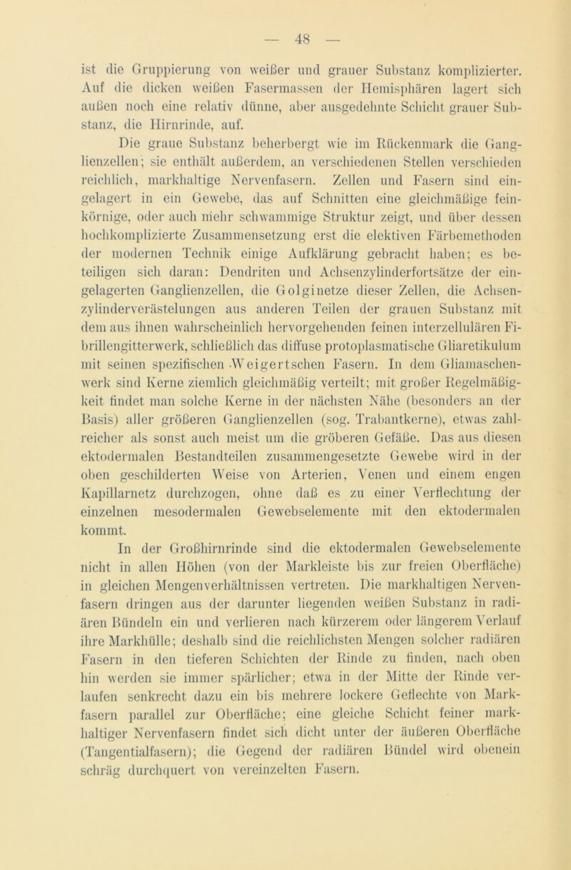 ist die Gruppierung von weißer und grauer Substanz komplizierter. Auf die dicken weißen Fasermassen der Hemisphären lagert sich außen noch eine relativ dünne, aber ausgedehnte Schicht grauer Sub- stanz, die Hirnrinde, auf. Die graue Substanz beherbergt wie im Rückenmark die Gang- lienzellen; sie enthält außerdem, an verschiedenen Stellen verschieden reichlich, markhaltige Nervenfasern. Zellen und Fasern sind ein- gelagert in ein Gewebe, das auf Schnitten eine gleichmäßige fein- körnige, oder auch mehr schwammige Struktur zeigt, und über dessen hochkomplizierte Zusammensetzung erst die elektiven Färbemethoden der modernen Technik einige Aufklärung gebracht haben; es be- teiligen sich daran: Dendriten und Achsenzylinderfortsätze der ein- gelagerten Ganglienzellen, die Golginetze dieser Zellen, die Achsen- zylinderverästelungen aus anderen Teilen der grauen Substanz mit dem aus ihnen wahrscheinlich hervorgehenden feinen interzellulären Fi- brillengitterwerk, schließlich das diffuse protoplasmatische Gliaretikulum mit seinen spezifischen -W ei ge rt sehen Fasern. In dem Gliamaschen- werk sind Kerne ziemlich gleichmäßig verteilt; mit großer Regelmäßig- keit findet man solche Kerne in der nächsten Nähe (besonders an der Rasis) aller größeren Ganglienzellen (sog. Trabantkerne), etwas zahl- reicher als sonst auch meist um die gröberen Gefäße. Das aus diesen ektodermalen Bestandteilen zusammengesetzte Gewebe wird in der oben geschilderten Weise von Arterien, Venen und einem engen Kapillarnetz durchzogen, ohne daß es zu einer Verflechtung der einzelnen mesodermalen Gewebselemente mit den ektodermalen kommt. In der Großhirnrinde sind die ektodermalen Gewebselemente nicht in allen Höhen (von der Markleiste bis zur freien Oberfläche) in gleichen Mengenverhältnissen vertreten. Die markhaltigen Nerven- fasern dringen aus der darunter liegenden weißen Substanz in radi- ären Bündeln ein und verlieren nach kürzerem oder längerem Verlauf ihre Markhülle; deshalb sind die reichlichsten Mengen solcher radiären Fasern in den tieferen Schichten der Rinde zu finden, nach oben hin werden sie immer spärlicher; etwa in der Mitte der Rinde ver- laufen senkrecht dazu ein bis mehrere lockere Geflechte von Mark- fasern parallel zur Oberfläche; eine gleiche Schicht feiner mark- haltiger Nervenfasern findet sich dicht unter der äußeren Oberfläche (Tangentialfasern); die Gegend der radiären Bündel wird obenein schräg durchquert von vereinzelten Fasern.