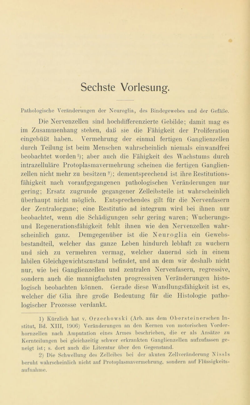 Sechste Vorlesung. Pathologische Veränderungen clor Neuroglia, des Bindegewebes und der Gefäße. Die Nervenzellen sind hochdifferenzierte Gebilde; damit mag es im Zusammenhang stehen, daß sie die Fähigkeit der Proliferation eingebüßt haben. Vermehrung der einmal fertigen Ganglienzellen durch Teilung ist beim Menschen wahrscheinlich niemals einwandfrei beobachtet worden1); aber auch die Fähigkeit des Wachstums durch intrazelluläre Protoplasmavermehrung scheinen die fertigen Ganglien- zellen nicht mehr zu besitzen2); dementsprechend ist ihre Restitutions- fähigkeit nach voraufgegangenen pathologischen Veränderungen nur gering; Ersatz zugrunde gegangener Zelleibsteile ist wahrscheinlich überhaupt nicht möglich. Entsprechendes gilt für die Nervenfasern der Zentralorgane; eine Restitutio ad integrum wird bei ihnen nur beobachtet, wenn die Schädigungen sehr gering waren; Wucherungs- und Regenerationsfähigkeit fehlt ihnen wie den Nervenzellen wahr- scheinlich ganz. Demgegenüber ist die Neuroglia ein Gewebs- bestandteil, welcher das ganze Leben hindurch lebhaft zu wuchern und sich zu vermehren vermag, welcher dauernd sich in einem labilen Gleichgewichtszustand befindet, und an dem wir deshalb nicht nur, wie bei Ganglienzellen und zentralen Nervenfasern, regressive, sondern auch die mannigfachsten progressiven Veränderungen histo- logisch beobachten können. Gerade diese Wandlungsfähigkeit ist es, welcher die* Glia ihre große Bedeutung für die Histologie patho- logischer Prozesse verdankt. 1) Kürzlich hat v. Orzechowski (Arb. aus dem Obersteinerschen In- stitut, Bd. XIII, 1906) Veränderungen an den Kernen von motorischen Vorder- hornzellen nach Amputation eines Armes beschrieben, die er als Ansätze zu Kernteilungen hei gleichzeitig schwer erkrankten Ganglienzellen aufzufassen ge- neigt ist; s. dort auch die Literatur über den Gegenstand. 2) Die Schwellung des Zelleibes hei der akuten Zellveränderung Nissls beruht wahrscheinlich nicht auf Protoplasmavermehrung, sondern auf Flüssigkeits- aufnahme.