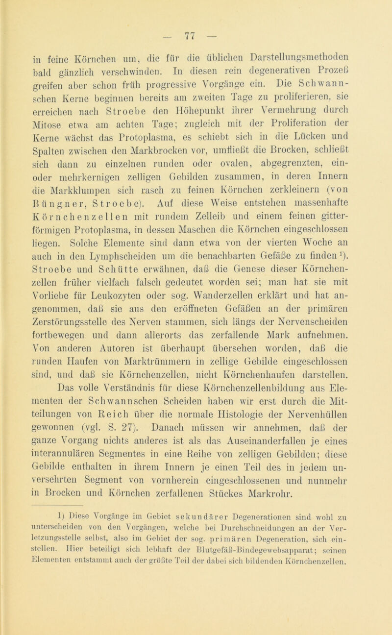 in feine Körnchen um, die für die üblichen Darstellungsmethoden bald gänzlich verschwinden. In diesen rein degenerativen Prozeß greifen aber schon früh progressive Vorgänge ein. Die Sclnvann- schen Kerne beginnen bereits am zweiten Tage zu proliferieren, sie erreichen nach Stroebe den Höhepunkt ihrer Vermehrung durch Mitose etwa am achten Tage; zugleich mit der Proliferation der Kerne wächst das Protoplasma, es schiebt sich in die Lücken und Spalten zwischen den Markbrocken vor, umfließt die Brocken, schließt sich dann zu einzelnen runden oder ovalen, abgegrenzten, ein- oder mehrkernigen zelligen Gebilden zusammen, in deren Innern die Markklumpen sich rasch zu feinen Körnchen zerkleinern (von Büngner, Stroebe). Auf diese Weise entstehen massenhafte Körnchen zellen mit rundem Zelleib und einem feinen gitter- förmigen Protoplasma, in dessen Maschen die Körnchen eingeschlossen liegen. Solche Elemente sind dann etwa von der vierten Woche an auch in den Lymphscheiden um die benachbarten Gefäße zu finden !). Stroebe und Schütte erwähnen, daß die Genese dieser Körnchen- zellen früher vielfach falsch gedeutet worden sei; man hat sie mit Vorliebe für Leukozyten oder sog. Wanderzellen erklärt und hat an- genommen, daß sic aus den eröffneten Gefäßen an der primären Zerstörungsstellc des Nerven stammen, sich längs der Nervenscheiden fortbewegen und dann allerorts das zerfallende Mark aufnehmen. Von anderen Autoren ist überhaupt übersehen worden, daß die runden Haufen von Marktrümmern in zellige Gebilde eingeschlossen sind, und daß sie Körnchenzellen, nicht Körnchenhaufen darstellen. Das volle Verständnis für diese Körnchenzellenbildung aus Ele- menten der Schwannschen Scheiden haben wir erst durch die Mit- teilungen von Reich über die normale Histologie der Nervenhüllen gewonnen (vgl. S. 27). Danach müssen wir annehmen, daß der ganze Vorgang nichts anderes ist als das Auseinanderfallen je eines interannulären Segmentes in eine Reihe von zelligen Gebilden; diese Gebilde enthalten in ihrem Innern je einen Teil des in jedem un- versehrten Segment von vornherein eingeschlossenen und nunmehr in Brocken und Körnchen zerfallenen Stückes Markrohr. 1) Diese Vorgänge im Gebiet sekundärer Degenerationen sind wohl zu unterscheiden von den Vorgängen, welche bei Durchschneidungen an der Ver- letzungsstelle selbst, also im Gebiet der sog. primären Degeneration, sich ein- stellen. Hier beteiligt sieb lebhaft der Blutgefäß-Bindegewebsapparat; seinen Elementen entstammt auch der größte Teil der dabei sich bildenden Körnchenzellen.