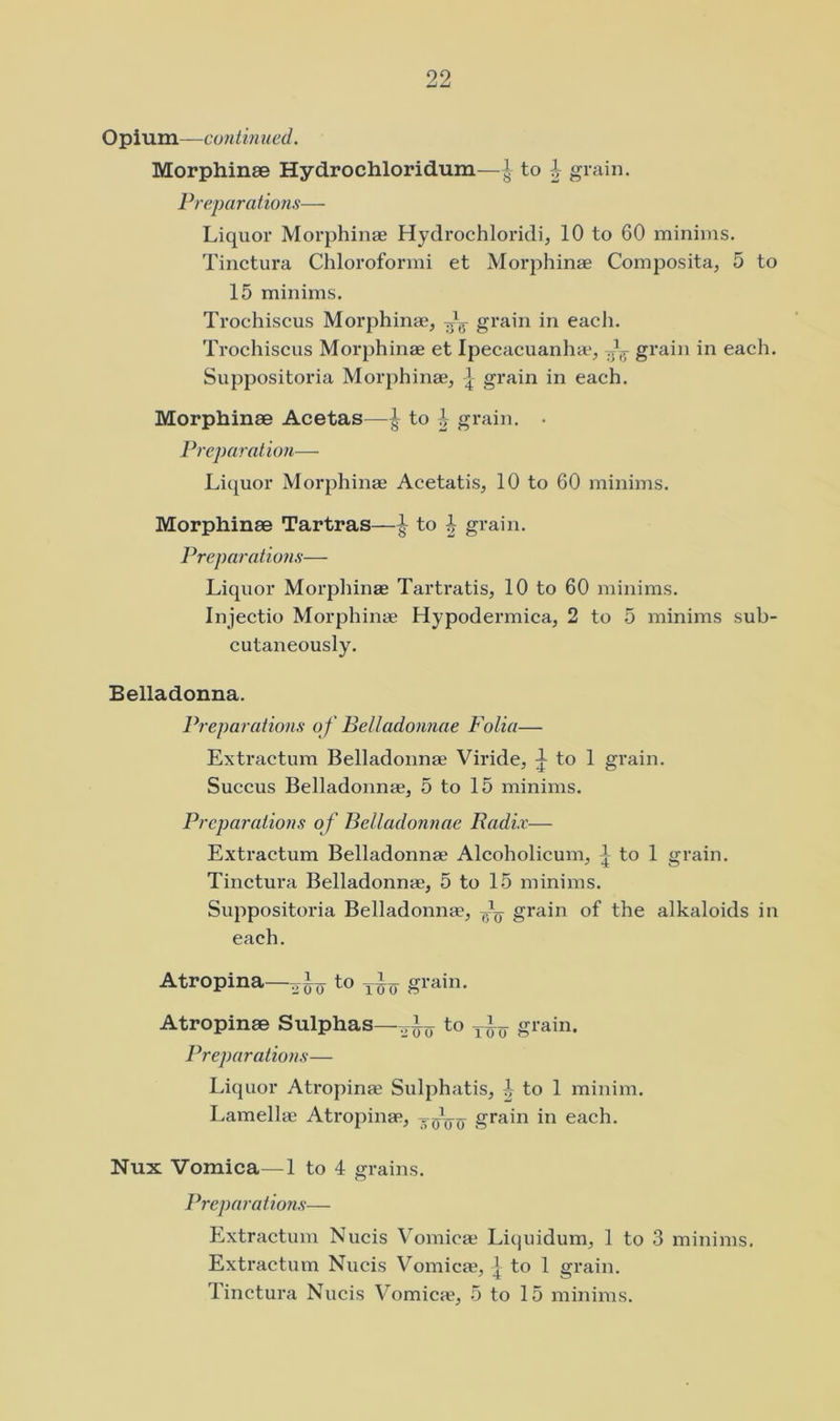 99 Opium—contimied. Morphinae Hydrochloridum—J to h grain. Preparations— Liquor Morphinae Hydrochloridi, 10 to 60 minims. Tinctura Chloroformi et Morphinae Composita, 5 to 15 minims. Trochiscus Morphinae, grain in each. Trochiscus Morphinae et Ipecacuanha*, grain in each. Suppositoria Morphinae, ^ grain in each. Morphinae Acetas—^ to i grain. . Preparation— Liquor Morphinae Acetatis, 10 to 60 minims. Morphinae Tartras—^ to | grain. Preparations— Liquor Morpliinae Tartratis, 10 to 60 minims. Injectio Morphinae Hypodermica, 2 to 5 minims sub- cutaneously. Belladonna. Preparations o f Belladonnae Folia— Extractum Belladonnae Viride, j to 1 gi’ain. Succus Belladonnae, 5 to 15 minims. Preparations o f Belladonnae Radix— Extractum Belladonnae Alcoholicum, | to 1 grain. Tinctura Belladonnae, 5 to 15 minims. Suppositoria Belladonnae, ^5—^ grain of the alkaloids in each. Atropina—to grain. Atropinae Sulphas—to grain. Preparations— Liquor Atropinae Sulphatis, -J- to 1 minim. Lamellae Atropinae, y grain in each. Nux Vomica—1 to 4 grains. Preparations— PLxtractum Nucis Vomicae Liquidum, 1 to 3 minims. Extractum Nucis Vomicae, | to 1 grain. Tinctura Nucis V^omicie, 5 to 15 minims.