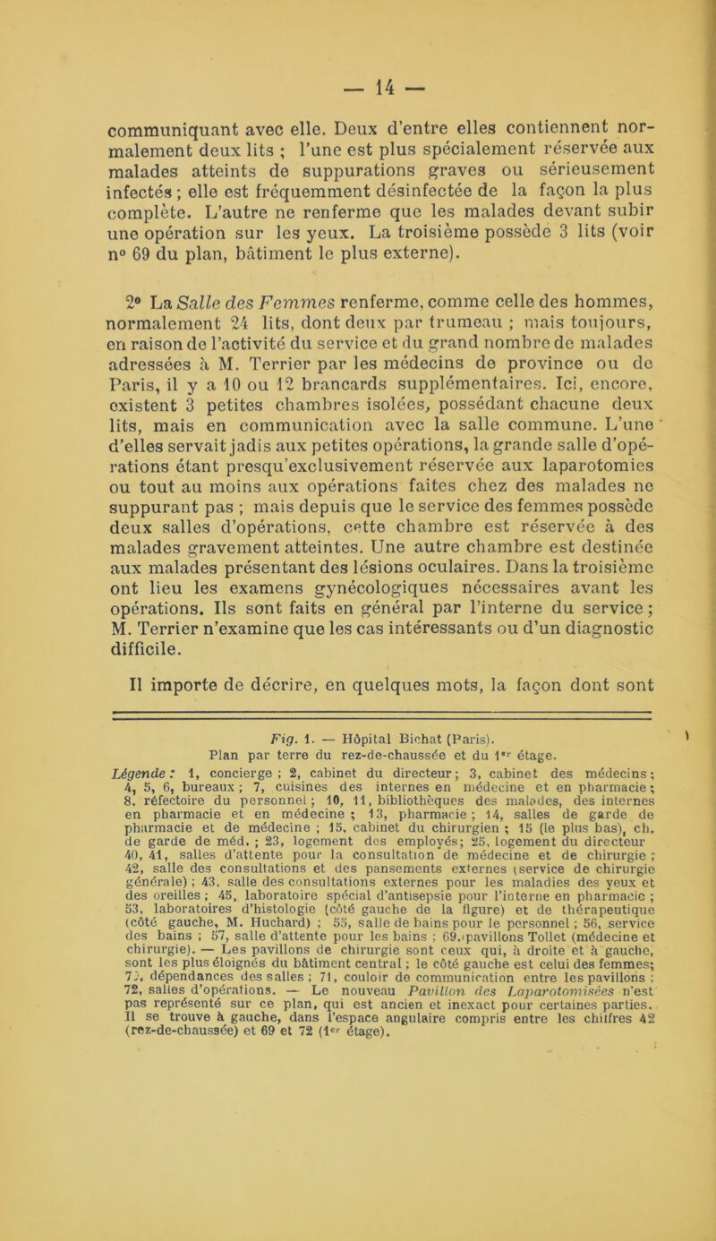 communiquant avec elle. Deux d’entre elles contiennent nor- malement deux lits ; l’une est plus spécialement réservée aux malades atteints de suppurations graves ou sérieusement infectés ; elle est fréquemment désinfectée de la façon la plus complète. L’autre ne renferme que les malades devant subir une opération sur les yeux. La troisième possède 3 lits (voir n° 69 du plan, bâtiment le plus externe). 2° La Salle des Femmes renferme, comme celle des hommes, normalement 24 lits, dont deux par trumeau ; mais toujours, en raison de l’activité du service et du grand nombre de malades adressées à M. Terrier par les médecins de province ou de Paris, il y a 10 ou 12 brancards supplémentaires. Ici, encore, oxistent 3 petites chambres isolées, possédant chacune deux lits, mais en communication avec la salle commune. L’une d’elles servait jadis aux petites opérations, la grande salle d’opé- rations étant presqu’exclusivement réservée aux laparotomies ou tout au moins aux opérations faites chez des malades ne suppurant pas ; mais depuis que le service des femmes possède deux salles d’opérations, cette chambre est réservée à des malades gravement atteintes. Une autre chambre est destinée aux malades présentant des lésions oculaires. Dans la troisième ont lieu les examens gynécologiques nécessaires avant les opérations. Ils sont faits en général par l’interne du service ; M. Terrier n’examine que les cas intéressants ou d’un diagnostic difficile. Il importe de décrire, en quelques mots, la façon dont sont Fig. 1. — Hôpital Bichat (Paris). Plan par terre du rez-de-chaussée et du 1er étage. Légende: 1, concierge; 2, cabinet du directeur; 3, cabinet des médecins; 4, 5, 6, bureaux ; 7, cuisines des internes en médecine et en pharmacie ; 8, réfectoire du personnel; 10, 11, bibliothèques des malades, des internes en pharmacie et en médecine; 13, pharmacie; 14, salles de garde de pharmacie et de médecine ; 15, cabinet du chirurgien ; 15 (le plus bas), ch. de garde de méd. ; 23, logement des employés; 25, logement du directeur 40, 41, salles d’attente pour la consultation de médecine et de chirurgie ; 42, salle des consultations et des pansements externes (service de chirurgie générale) ; 43, salle des consultations externes pour les maladies des yeux et des oreilles ; 45, laboratoire spécial d’antisepsie pour l’interne en pharmacie ; 53, laboratoires d’histologie (côté gauche de la figure) et de thérapeutique (côté gauche, M. Huchard) ; 55, salle de bains pour le personnel ; 56, service des bains ; 57, salle d’attente pour les bains ; 69,«pavillons Tollet (médecine et chirurgie). — Les pavillons de chirurgie sont ceux qui, à droite et à gauche, sont les plus éloignés du bâtiment central ; le côté gauche est celui des femmes; 77, dépendances des salles ; 71, couloir de communication entre les pavillons ; 72, salles d’opérations. — Le nouveau Pavillon des Laparotomisées n'est pas représenté sur ce plan, qui est ancien et inexact pour certaines parties. Il se trouve à gauche, dans l’espace angulaire compris entre les chitfres 42 (rez-de-chaussée) et 69 et 72 (1er étage).