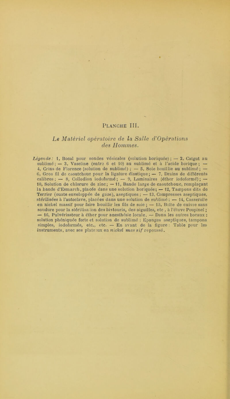 Planche III. Le Matériel opératoire de la Salle d'Opèrations des Hommes. Légende: 1, Bocal pour sondes vésicales (solution boriquée) ; — 2, Catgut au sublimé; — 3, Vaseline (entre 6 et 10) au sublimé et à l’acide borique; — 4, Crins de Florence (solution de sublimé) ; — 5, Soie bouillie au sublimé; — G, Gros fil de caoutchouc pour la ligature élastique; — 7, Drains de différents calibres; — 8, Collodion iodoformé ; — 9, Laminaires (éther iodoformé); — 10, Solution de chlorure de zinc; — 11, Bande large de caoutchouc, remplaçant la bande d’Esmarch, placée dans une solution boriquée; — 12, Tampons dits de Terrier (ouate enveloppée de gaze), aseptiques ; — 13, Compresses aseptiques, stérilisées à l’autoclave, placées dans une solution de sublimé; — 14, Casserolle en nickel massif pour faire bouillir les fils de soie ; — lo, Boîte de cuivre sans soudure pour la stérilisa.ion des bistouris, des aiguilles, etc , à l’étuve Poupinel ; — 16, Pulvérisateur à éther pour anesthésie locale. — Dans les aulres bocaux ; solution phéniquée forte et solution de sublimé ; Eponges aseptiques, tampons simples, iodoformés, etc., etc. — En avant de la figure : Table pour les instruments, avec ses plater.ux en nickel mas sif repoussé.