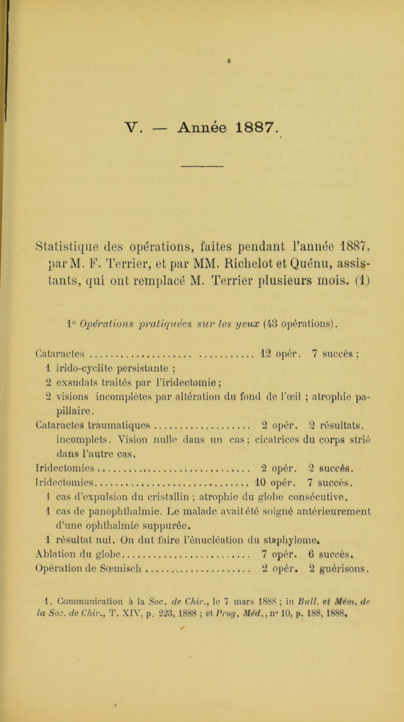 V. Année 1887. Statistique des opérations, faites pendant l’année 1887, par M. F. Terrier, et par MM. Richelot et Quénu, assis- tants, qui ont remplacé M. Terrier plusieurs mois. (1) 1° Opérations pratiquées sur tes yeux (43 opérations). Cataractes 12 opér. 7 succès ; 1 irido-cyclite persistante ; 2 exsudats traités par l’iridectomie ; 2 visions incomplètes par altération du fond de l’œil ; atrophie pa- pillaire. Cataractes traumatiques 2 opér. 2 résultats. incomplets. Vision nulle dans un cas; cicatrices du corps strié dans l’autre cas. Iridectomies» 2 opér. 2 succès. Iridectomies 10 opér. 7 succès. 1 cas d’expulsion du cristallin ; atrophie du globe consécutive. 1 cas de panophthalmie. Le malade avait été soigné antérieurement d’une ophthaïmie suppuréc. 1 résultat nul. On dut faire l’énucléation du staphylome. Ablation du globe 7 opér. 6 succès. Opération de Sœmisch 2 opér. 2 guérisons. 1. Communication à la Soc. de Chir., le 7 mars 1888 ; in Bull, et Mém. de