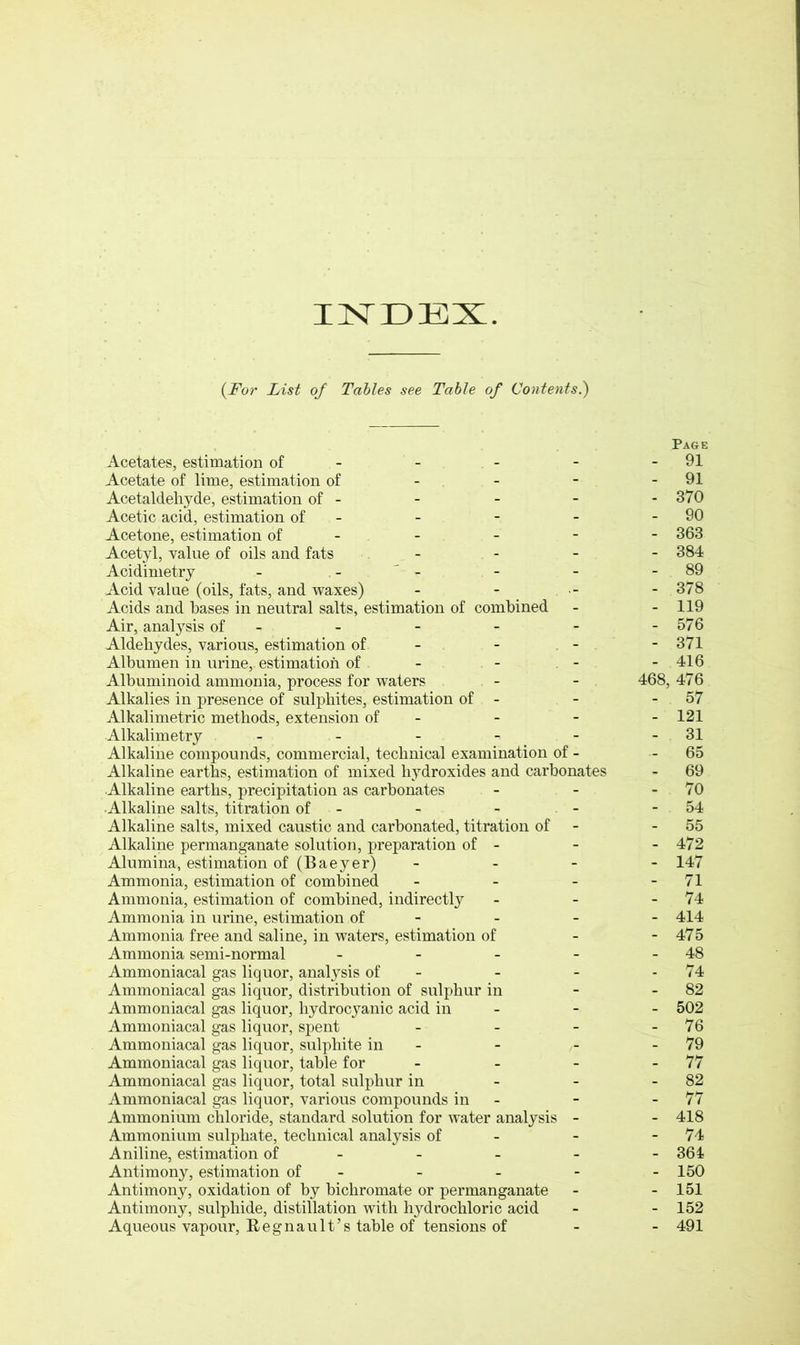 INDEX (.For List of Tables see Table of Contents.) Acetates, estimation of - Acetate of lime, estimation of - Acetaldehyde, estimation of - Acetic acid, estimation of - Acetone, estimation of - Acetyl, value of oils and fats - Acidimetry - . - - Acid value (oils, fats, and waxes) - - Acids and bases in neutral salts, estimation of combined Air, analysis of Aldehydes, various, estimation of - Albumen in urine,, estimation of - - Albuminoid ammonia, process for waters - - 468, Alkalies in presence of sulphites, estimation of - Alkalimetric methods, extension of - Alkalimetry Alkaline compounds, commercial, technical examination of - Alkaline earths, estimation of mixed hydroxides and carbonates Alkaline earths, precipitation as carbonates - Alkaline salts, titration of - - - Alkaline salts, mixed caustic and carbonated, titration of - Alkaline permanganate solution, preparation of - Alumina, estimation of (Baeyer) Ammonia, estimation of combined - Ammonia, estimation of combined, indirectly - Ammonia in urine, estimation of - Ammonia free and saline, in waters, estimation of Ammonia semi-normal - Ammoniacal gas liquor, analysis of - Ammoniacal gas liquor, distribution of sulphur in Ammoniacal gas liquor, hydrocyanic acid in - Ammoniacal gas liquor, spent Ammoniacal gas liquor, sulphite in - r Ammoniacal gas liquor, table for - Ammoniacal gas liquor, total sulphur in Ammoniacal gas liquor, various compounds in - Ammonium chloride, standard solution for water analysis - Ammonium sulphate, technical analysis of - Aniline, estimation of Antimony, estimation of Antimony, oxidation of by bichromate or permanganate Antimony, sulphide, distillation with hydrochloric acid Aqueous vapour, Regnault’s table of tensions of Page 91 91 370 90 363 384 89 378 119 576 371 416 , 476 57 121 31 65 69 70 54 55 472 147 71 74 414 475 48 74 82 502 76 79 77 82 77 418 74 361 150 151 152 491