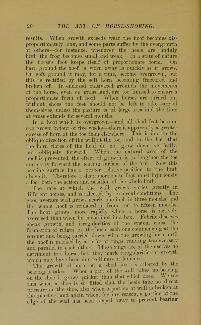 results. When growth exceeds wear the hoof becomes dis- proportionately long, and some parts suffer by the overgrowth of others—for instance, whenever the heels are unduly high the frog becomes small and weak. In a state of nature the horse’s foot keeps itself of proportionate form. On hard ground the hoof is worn away as quickly as it grows. On soft ground it may, for a time, become overgrown, but this is rectified by the soft horn becoming fractured and broken off In enclosed cultivated grounds the movements of the horse, even on grass land, are too limited to ensure a proportionate form of hoof. When horses are turned out without shoes the feet should not be left to take care of themselves, unless the pasture is of large area and the time at grass extends for several months. In a hoof which is overgrown—and all shod feet become overgrown in four or five weeks—there is apparently a greater excess of horn at the toe than elsewhere This is due to the oblique direction of the wall at the toe, and to the fact that the horn fibres of the hoof do not grow down vertically, but obliquely forward. When the natural wear of the hoof is prevented, the effect of growth is to lengthen the toe and carry forward the bearing surface of the foot. Now this bearing surface has a proper relative position to the limb above it. Therefore a disproportionate foot must injuriously affect both the action and position of the whole limb. The rate at which the wall grows varies greatly in different horses, and is affected by external conditions The good average wall grows nearly one inch in three months, and the whole hoof is replaced in from ten to fifteen months. The hoof grows more rapidly when a horse is actively exercised than when lie is confined in a box. Febrile diseases check growth, and irregularities of the system cause the formation of ridges in the horn, each one commencing at the coronet and being carried down with the growing horn until the hoof is marked by a series of rings running transversely and parallel to each other. These rings are of themselves no detriment to a horse, but they mark irregularities of growth which may have been due to illness or lameness The growth of horn on a shod foot is affected by the bearing it takes. When a. part of the wall takes no beating on the shoe it grows quicker than that which does. We see this when a shoe is so fitted that the heels take no direct pressure on the shoe, also when a portion of wall is broken at the quarters, and again when, for any reason, a portion of the edge of the wall has been rasped away to prevent bearing