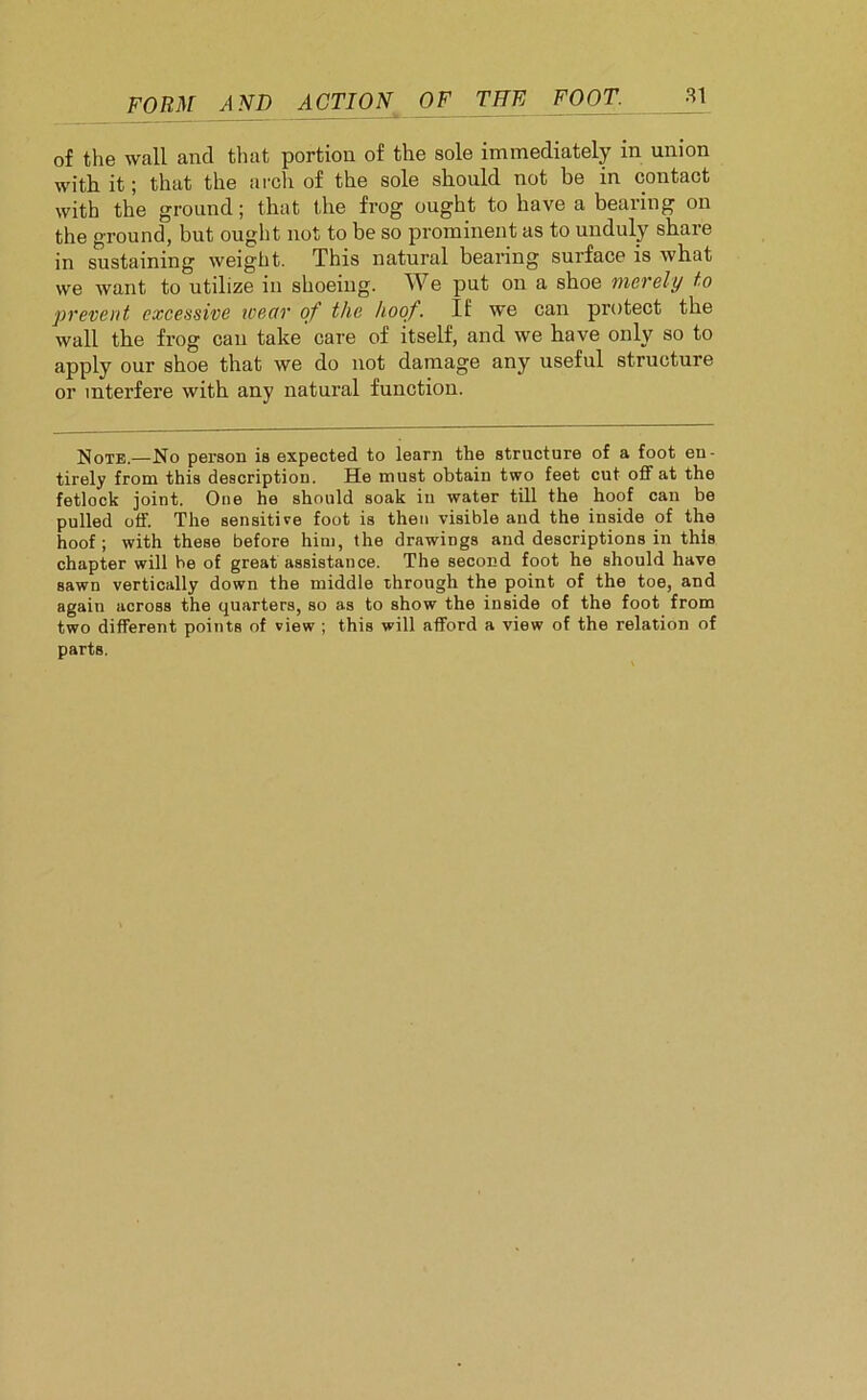 of the wall and that portion of the sole immediately in union with it; that the arch of the sole should not be in contact with the ground; that the frog ought to have a bearing on the ground, but ought not to be so prominent as to unduly share in sustaining weight. This natural bearing surface is what we want to utilize in shoeing. We put on a shoe merely to prevent excessive wear of the hoof. If we can protect the wall the frog can take care of itself, and we have only so to apply our shoe that we do not damage any useful structure or interfere with any natural function. Note.—No person is expected to learn the structure of a foot en- tirely from this description. He must obtain two feet cut off at the fetlock joint. One he should soak in water till the hoof can be pulled off. The sensitive foot is then visible and the inside of the hoof; with these before him, the drawings and descriptions in this chapter will he of great assistance. The second foot he should have sawn vertically down the middle through the point of the toe, and again across the quarters, so as to show the inside of the foot from two different points of view ; this will afford a view of the relation of parts.