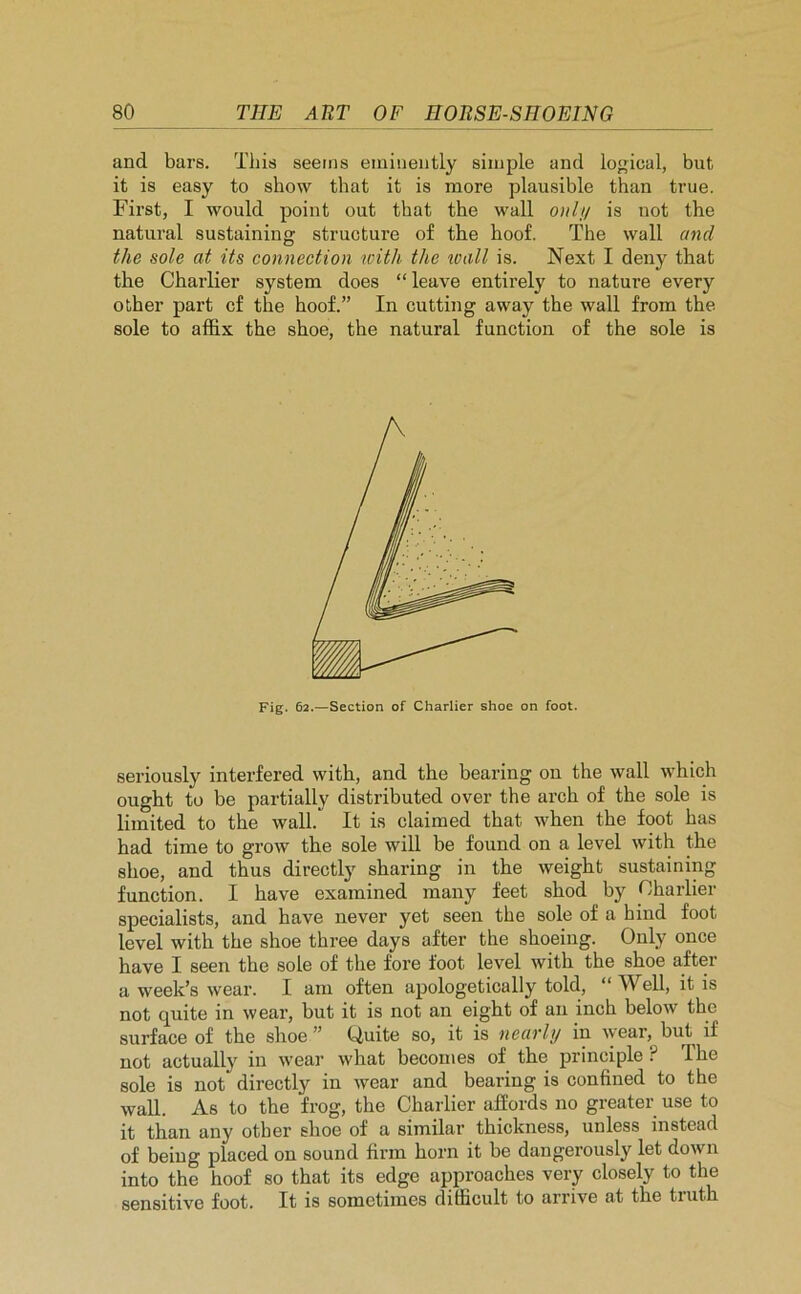 and bars. This seems eminently simple and logical, but it is easy to show that it is more plausible than true. First, I would point out that the wall only is not the natural sustaining structure of the hoof. The wall and the sole at its connection loith the icall is. Next I deny that the Charlier system does “ leave entirely to nature every other part cf the hoof.” In cutting away the wall from the sole to affix the shoe, the natural function of the sole is seriously interfered with, and the bearing on the wall which ought to be partially distributed over the arch of the sole is limited to the wall. It is claimed that when the foot has had time to grow the sole will be found on a level with the shoe, and thus directly sharing in the weight sustaining function. I have examined many feet shod by Charlier specialists, and have never yet seen the sole of a hind foot level with the shoe three days after the shoeing. Only once have I seen the sole of the fore foot level with the shoe after a week’s wear. I am often apologetically told, “Well, it is not quite in wear, but it is not an eight of an inch below the surface of the shoe” Quite so, it is nearly in wear, but if not actually in wear what becomes of the principle t I he sole is not directly in wear and bearing is confined to the wall. As to the frog, the Charlier affords no greater use to it than any other shoe of a similar thickness, unless instead of being placed on sound firm horn it be dangerously let down into the hoof so that its edge approaches very closely to the sensitive foot. It is sometimes difficult to arrive at the tiuth Fig. 62.—Section of Charlier shoe on foot.