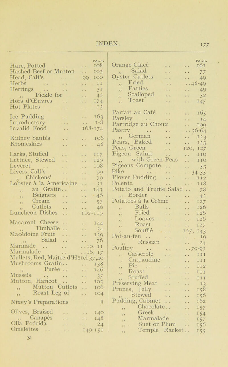 1/7 Hare, Potted I-ACF. 108 Hashed Beef or Mutton 103 Head, Calf’s 99, 100 Herbs II Herrings 31 ,, Pickle for 42 Hors d’CEuvres • ■ 174 Hot Plates 13 PAGE. Orange Glace ,, Salad Oyster Cutlets ,, Fried ,, Patties ,, Scalloped ,, Toast 77 49 .48-49 49 32 • 147 Ice Pudding • ■ 163 Introductory . . 1-8 Invalid Food 168-174 Kidney Sautes 106 Kromeskies .. 48 Larks, Stuffed . . 117 Lettuce, Stewed 129 Leveret 108 Livers, Calf’s 99 ,, Chickens’ 79 Lobster a la Americaine 31 ,, au Gratin.. • • 143 ,, Beignets . . 46 ,, Cream 53 ,, Cutlets 46 Luncheon Dishes . . 102-119 Macaroni Cheese . . • • 144 ,, Timballe . . 54 Macedoine Fruit • ■ 159 ,, Salad . . .. 76 Marinade ..10, II Marmalade ..16, 17 Mullets, Red, Maitre d’Hotcl 37,40 Mushrooms Gratin.. . . 138 ,, Puree .. 146 Mussels 37 Mutton, Haricot . . . . 105 ,, Mutton Cutlets 106 ,, Roast Leg of 104 N'ixey’s Preparations 8 Olives, Braised 140 ,, Canapes 148 011a Podrida 24 Omelettes 149-151 Parfait au Cafe . 165 Parsley 14 Partridge au Choux 109 Pastry • 56-64 ,, German • 153 Pears, Baked • 153 Peas, Green . . 20, 127 Pigeon Salmi 110 ,, with Green Peas 110 Pigeons Compote . . 53 Pike • 34-35 Plover Pudding 112 Polenta . 118 Potato and Truffle Salad • 78 ,,, Border 45 Potatoes a la Crfeme 127 ,, Balls 126 ,, Fried 126 ,, Loaves 126 ,, Roast . 127 ,, Souffle ... I 27, 143 Pot-au-feu . . • 19 ,, Russian 24 Poultry ■79-93 ,, Casserole 111 ., Crapaudine III ,, Pie . . 112 ,, Roast 111 ,, Stuffed 111 Preserving Meat 13 Prunes, Jelly . 15S ,, Stewed • 156 Pudding, Cabinet . . 162 ,, Chocolate. . ■ 157 ,, Greek • 154 ,, Marmalade • 157 ,, Suet or Plum . 156 ,, Temple Racket • 155 N