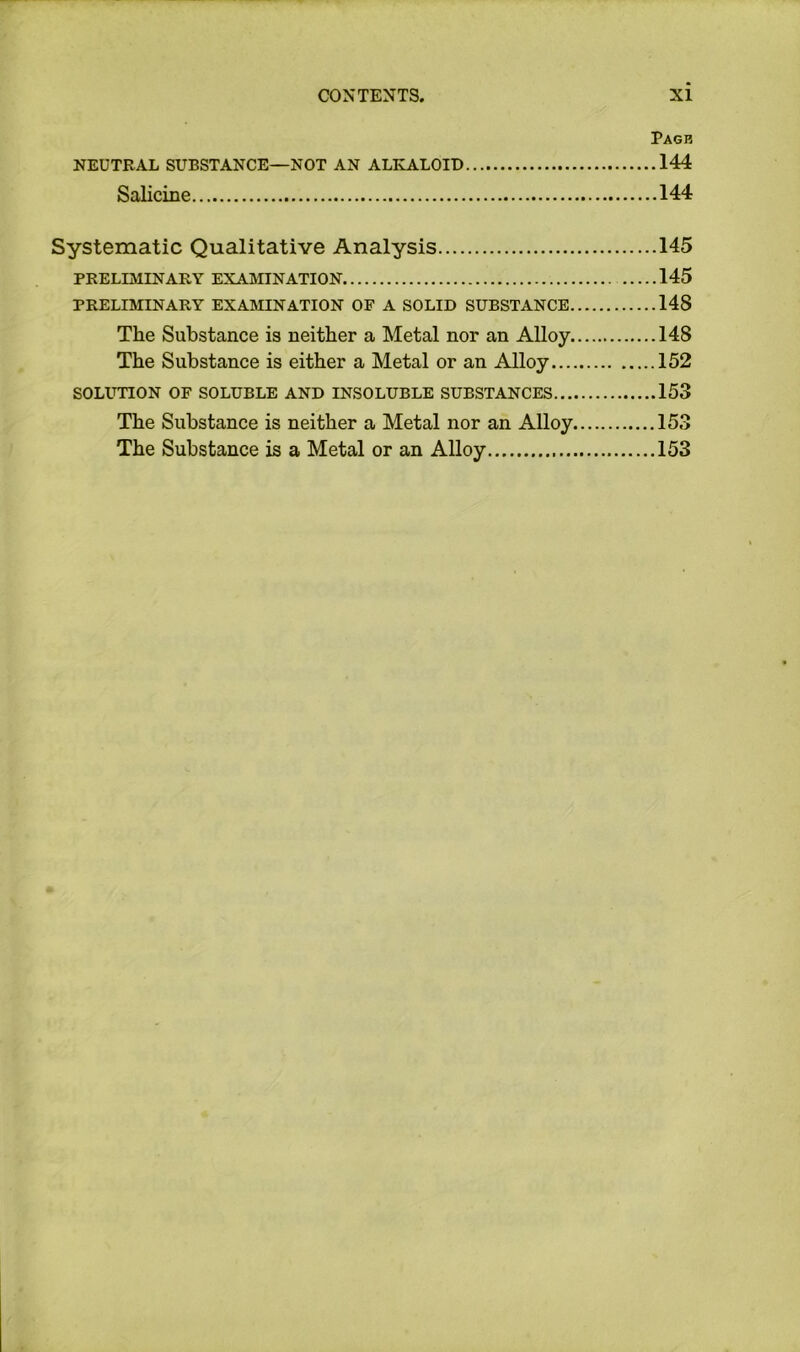 Pagh NEUTRAL SUBSTANCE—NOT AN ALKALOID 144 Salicine 144 Systematic Qualitative Analysis 145 PRELmiNARY EXAMINATION 145 PRELIMINARY EXAmNATION OF A SOLID SUBSTANCE 148 The Substance is neither a Metal nor an Alloy 148 The Substance is either a Metal or an Alloy 152 SOLUTION OF SOLUBLE AND INSOLUBLE SUBSTANCES 153 The Substance is neither a Metal nor an Alloy 153 The Substance is a Metal or an Alloy 153