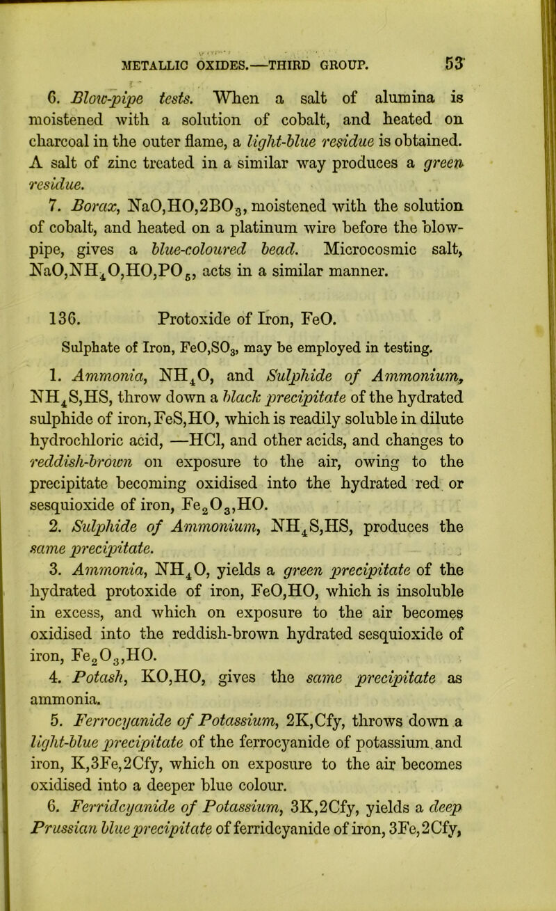 u ■ METALLIC OXIDES.—THIRD GROUP. 53 C. Blow-pi'pe tests. When a salt of alumina is moistened with a solution of cobalt, and heated on charcoal in the outer flame, a light-blue residue is obtained. A salt of zinc treated in a similar way produces a green, residue. 7. Borax, NaO,HO,2BO3, moistened with the solution of cobalt, and heated on a platinum wire before the blow- pipe, gives a blue-coloured bead. Microcosmic salt, Ha0,NH:^0,H0,P0g, acts in a similar manner. 136. Protoxide of Iron, FeO. Sulphate of Iron, FeOjSOg, may be employed in testing. 1. Ammonia, NH^O, and Sulphide of Ammonium, HH^S,HS, throw down a black precipitate of the hydrated sulphide of iron,FeS,HO, which is readily soluble in dilute hydrochloric acid, —HCl, and other acids, and changes to reddish-brown on exposure to the air, owing to the precipitate becoming oxidised into the hydrated red or sesquioxide of iron, re20g,H0. 2. Sidphide of Ammonium, HH^S,HS, produces the same precipitate. 3. Ammonia, NH^^O, yields a green precipitate of the hydrated protoxide of iron, FeO,HO, which is insoluble in excess, and which on exposure to the air becomes oxidised into the reddish-brown hydrated sesquioxide of iron, Fe203,H0. 4. Potash, KOjHO, gives the same precipitate as ammonia. 5. Ferrocyanide of Potassium, 2K,Cfy, throws down a light-blue precipitate of the ferrocyanide of potassium and iron, K,3Fe,2Cfy, which on exposure to the air becomes oxidised into a deeper blue colour. 6. Ferridcyanide of Potassium, 3K,2Cfy, yields a deep Prussian blue precipitate of ferridcyanide of iron, 3Fe,2Cfy,