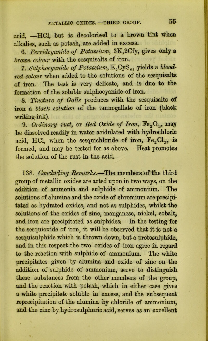 acid, —HCl, but is decolorised to a brown tint wb^ alkalies, such as potash, are added in excess. 6. Ferridcyanide of Potassium^ 3K,2Cfy, gives only a hrown colour with the sesquisalts of iron. 7. Sulphocyanide of Potassium^ K,CyS2, yields a hlood- red colour when added to the solutions of the sesquisalts of iron. The test is very delicate, and is due to the formation of the soluble sulphocyanide of iron. 8. Tincture of Galls produces with the sesquisalts of iron a hlach solution of the tannogallate of iron (black writing-ink). 9. Ch'dinary rusty or Red Oxide of IroUy FcgOg, may be dissolved readily in water acidulated with hydrochloric acid, HCl, when the sesquichloride of iron, FegClg, is formed, and may be tested for as above. Heat promotes the solution of the rust in the acid. 138. Concluding Remarks.—The members of the third group of metallic oxides are acted upon in two ways, on the addition of ammonia and sulphide of ammonium. The solutions of alumina and the oxide of chromium are precipi- tated as hydrated oxides, and not as sulphides, whilst the solutions of the oxides of zinc, manganese, nickel, cobalt, and iron are precipitated as sulphides; In the testing for the sesquioxide of iron, it will be observed that it is not a sesquisulphide which is thrown down, but a protosulphide, and in this respect the two oxides of iron agree in regard to the reaction with sulphide of ammonium. The white precipitates given by alumina and oxide of zinc on the addition of sulphide of ammonium, serve to distinguish these substances from the other members of the group, and the reaction with potash, which in either case gives a white precipitate soluble in excess, and the subsequent reprecipitation of the alumina by chloride of ammonium, and the zinc by hydrosulphuric acid, serves as an excellent