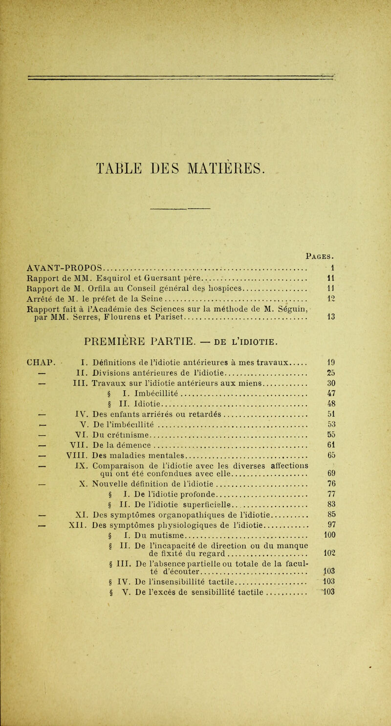 TABLE DES MATIÈRES. Pages. AYANT-PROPOS 1 Rapport de MM. Esquirol et Guersant père. 11 Rapport de M. Orfila au Conseil général des hospices 11 Arrêté de M. le préfet de la Seine 12 Rapport fait à l’Académie des Sciences sur la méthode de M. Séguin, par MM. Serres, Flourens et Pariset 13 PREMIÈRE PARTIE. — de l’idiotie. CHAP. I. Définitions de l’idiotie antérieures à mes travaux 19 — II. Divisions antérieures de l’idiotie 25 — III. Travaux sur l’idiotie antérieurs aux miens 30 § I. Imbécillité 47 § II. Idiotie 48 — IV. Des enfants arriérés ou retardés 51 — V. De l’imbécillité .. 53 — YI. Du crétinisme. 55 — VII. De la démence 61 — VIII. Des maladies mentales 65 — IX. Comparaison de l’idiotie avec les diverses affections qui ont été confondues avec elle 69 — X. Nouvelle définition de l’idiotie 76 § I. De l’idiotie profonde 77 § II. De l’idiotie superficielle 83 — XI. Des symptômes organopathiques de l’idiotie 85 — XII. Des symptômes physiologiques de l’idiotie 97 § I. Du mutisme 100 § II. De l’incapacité de direction ou du manque de fixité du regard 102 § III. De l’absence partielle ou totale de la facul- té d’écouter 103 § IV. De l’insensibillité tactile 103 § V. De l’excès de sensibilité tactile '103