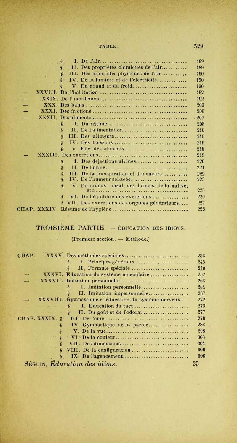 § I. De l’air;.. 189 § II. Des propriétés chimiques de l’air 189 § IIT. Des propriétés physiques de l’air 190 § IV. De la lumière et de l’électricité 190 § V. Du chaud et du froid 190 — XXVIII. De l’habitation . 192 — XXIX. De l’habillement. 192 — XXX. Des bains 203 — XXXI. Des frictions 206 — XXXII. Des aliments 207 § I. Du régime 208 § II. De l’alimentation 210 § III. Des aliments 210 § IV. Des boissons 216 § V. Effet des aliments 218 — XXXIII. Des excrétions 219 § I. Des déjections alvines 220 § II. De l’urine 221 § III. De la transpiration et des sueurs. 222 § IV. De l’humeur sébacée 223 § V. Du mucus nasal, des larmes, delà salive, etc 225 § VI. De l'équilibre des excrétions 226 § VII. Des excrétions des organes générateurs.... 227 CHAP. XXXIV. Résumé de l’hygiène 228 TROISIÈME PARTIE. — éducation des idiots.. (Première section. — Méthode.) CHAP. XXXV. Des méthodes spéciales 233 § I. Principes généraux 245 § II. Formule spéciale 249 — XXXVI. Education du système musculaire 252 — XXXVII. Imitation personnelle 263 § I. Imitation personnelle 264 § II. Imitation impersonnelle 267 — XXXVIII. Gymnastique et éducation du système nerveux ... 272 § I. Education du tact 273 § II. Du goût et de l’odorat 277 CHAP. XXXIX. § III. De l’ouïe 278 § IV. Gymnastique de la parole 283 § V. De la vue 298 § VI. De la couleur 303 § VII. Des dimensions 304 § VIIÎ. De la configuration 306 §. IX. De l’agencement 308 Séguin, Education des idiots. 35