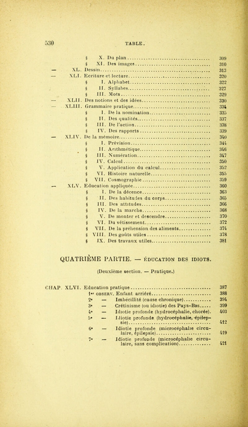 § X. Du plan 309 § XI. Des images 310 — XL. Dessin 313 — XLI. Ecriture et lecture 320 § I. Alphabet 322 § II. Syllabes 327 § III. Mots... 329 — XLII. Des notions et des idées 330 — XLIII. Grammaire pratique 334 § I. De la nomination 335 § II. Des qualités 337 § III. De l’action . 338 § IV. Des rapports 339 — XLIV. De la mémoire 340 § I. Prévision 344 § II. Arithmétique 346 § III. Numération 347 § IV. Calcul 350 § V. Application du calcul 352 § VI. Histoire naturelle 355 § VII. Cosmographie 359 — XLV. Education appliquée 360 § I. De la décence 363 § II. Des habitudes du corps 365 § III. Des attitudes 366 § IV. De la marche 368 § V. De monter et descendre 370 § VI. Du vêtissement 372 § VII. De la préhension des aliments 374 § VIII. Des goûts utiles 378 § IX. Des travaux utiles 381 QUATRIÈME PARTIE. — éducation des idiots. (Deuxième section. — Pratique.) CHAP. XLVI. Education pratique 387 l*r observ. Enfant arriéré 388 2° — Imbécillité (cause chronique) 394 3* — Crétinisme (ou idiotie) des Pays-Bas 399 4® — Idiotie profonde (hydrocéphalie, chorée). 403 5® — Idiotie profonde (hydrocéphalie, -épilep- sie) 412 6® — Idiotie profonde (microcéphalie circu- laire, épilepsie) 419 7® — Idiotie profonde (microcéphalie circu- laire, sans complication) 421