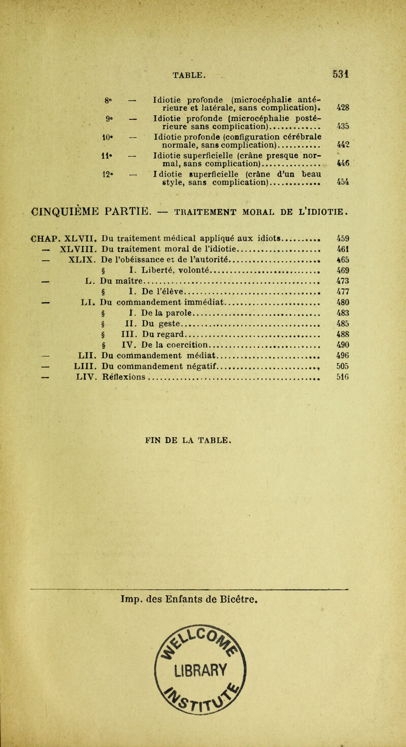 8» — Idiotie profonde (microcéphalie anté- rieure et latérale, sans complication). 428 9° — Idiotie profonde (microcéphalie posté- rieure sans complication) 435 10* — Idiotie profonde (configuration cérébrale normale, sans complication) 442 il» — Idiotie superficielle (crâne presque nor- mal, sans complication) 446 12» — Idiotie superficielle (crâne d’un beau style, sans complication) 454 CINQUIÈME PARTIE. — traitement moral de l’idiotie. CHAP. XLVII. Du traitement médical appliqué aux idiots 459 — XLVIII. Du traitement moral de l’idiotie 461 — XLIX. De l’obéissance es de l’autorité 465 § I. Liberté, volonté 469 — L. Du maître 473 § I. De l’élève 477 — LI. Du commandement immédiat 480 § I. De la parole 483 § II. Du geste 485 § III. Du regard 488 § IV. De la coercition 490 — LU. Du commandement médiat 496 — LUI. Du commandement négatif 505 — LIV. Réflexions 516 FIN DE LA TABLE. Imp. des Enfants de Bicêtre. LIBRARY