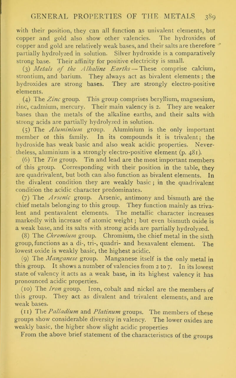 with their position, they can all function as univalent elements, but copper and gold also show other valencies. The hydroxides of copper and gold are relatively weak bases, and their salts are therefore partially hydrolyzed in solution. Silver hydroxide is a comparatively strong base. Their affinity for positive electricity is small. (3) Metals of the Alkaline Earths — These comprise calcium, strontium, and barium. They always act as bivalent elements ; the hydroxides are strong bases. They are strongly electro-positive elements. (4) The Zinc group. This group comprises beryllium, magnesium, zinc, cadmium, mercury. Their main valency is 2. They are weaker bases than the metals of the alkaline earths, and their salts with strong acids are partially hydrolyzed in solution. (5) The Aluminium group. Aluminium is the only important member ol this family. In its compounds it is trivalent; the hydroxide has weak basic and also weak acidic properties. Never- theless, aluminium is a strongly electro-positive element (p. 481). (6) The Tin group. Tin and lead are the most important members of this group. Corresponding with their position in the table, they are quadrivalent, but both can also function as bivalent elements. In the divalent condition they are weakly basic ; in the quadrivalent condition the acidic character predominates. (7) The Arsenic group. Arsenic, antimony and bismuth are the chief metals belonging to this group. They function mainly as triva- lent and pentavalent elements. The metallic character increases markedly with increase of atomic weight; but even bismuth oxide is a weak base, and its salts with strong acids are partially hydrolyzed. (8) The Chromium group. Chromium, the chief metal in the sixth group, functions as a di-, tri-, quadri- and hexavalent element. The lowest oxide is weakly basic, the highest acidic. (9) The Manganese group. Manganese itself is the only metal in this group. It shows a number of valencies from 2 to 7. In its lowest state of valency it acts as a weak base, in its highest valency it has pronounced acidic properties. (10) The Iron group. Iron, cobalt and nickel are the members of this group. They act as divalent and trivalent elements, and are weak bases. (n) The Palladium and Platinum groups. The members of these groups show considerable diversity in valency. The lower oxides are weakly basic, the higher show slight acidic properties From the above brief statement of the characteristics of the groups