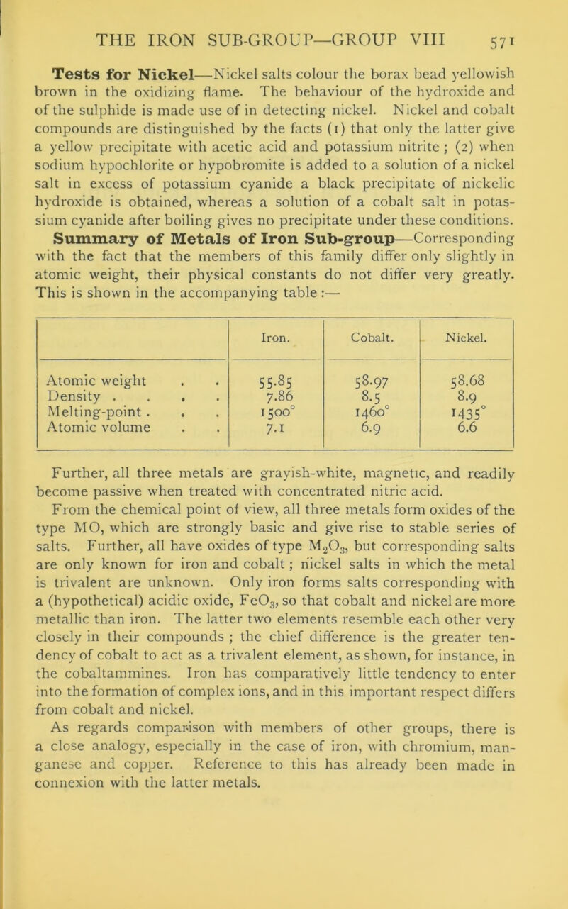 Tests for Nickel—Nickel salts colour the borax bead yellowish brown in the oxidizing flame. The behaviour of the hydroxide and of the sulphide is made use of in detecting nickel. Nickel and cobalt compounds are distinguished by the facts (1) that only the latter give a yellow precipitate with acetic acid and potassium nitrite ; (2) when sodium hypochlorite or hypobromite is added to a solution of a nickel salt in excess of potassium cyanide a black precipitate of nickelic hydroxide is obtained, whereas a solution of a cobalt salt in potas- sium cyanide after boiling gives no precipitate under these conditions. Summary of Metals of Iron Sub-group—Corresponding with the fact that the members of this family differ only slightly in atomic weight, their physical constants do not differ very greatly. This is shown in the accompanying table :— Iron. Cobalt. Nickel. Atomic weight 55-85 58.97 58.68 Density .... 7.86 8.5 8.9 Melting-point . 1500° 1460° 1435° Atomic volume 7-i 6.9 6.6 Further, all three metals are grayish-white, magnetic, and readily become passive when treated with concentrated nitric acid. From the chemical point of view, all three metals form oxides of the type MO, which are strongly basic and give rise to stable series of salts. Further, all have oxides of type M2Cb, but corresponding salts are only known for iron and cobalt; nickel salts in which the metal is trivalent are unknown. Only iron forms salts corresponding with a (hypothetical) acidic oxide, Fe03, so that cobalt and nickel are more metallic than iron. The latter two elements resemble each other very closely in their compounds ; the chief difference is the greater ten- dency of cobalt to act as a trivalent element, as shown, for instance, in the cobaltammines. Iron has comparatively little tendency to enter into the formation of complex ions, and in this important respect differs from cobalt and nickel. As regards comparison with members of other groups, there is a close analogy, especially in the case of iron, with chromium, man- ganese and copper. Reference to this has already been made in connexion with the latter metals.