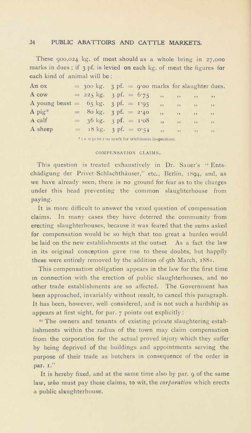 These 900,024 kg. of meat should as a whole bring in 27,000 marks in dues ; if 3 pf. is levied on each kg. of meat the hgures for each kind of animal will be : An ox = 300 kg. 3 pf. = g-oo marks for slaughter dues. A cow = 225 kg. 3 pf. = 675 A young beast = 65 kg. 3 pf. = 1-95 A pig* = 80 kg. 3 pf. = 2-40 A calf = 36 kg. 3 pf. = 1-08 A sheep = 18 kg. 3 pf. = 0-54 * (+ o 50 tr> roo mark for trichinosis inspection). COMPENSATION CLAIMS. This question is treated exhaustively in Dr. Sauer’s “ Ents- chädigung der Privet-Schlachthäuser,” etc., Berlin, 1894, and, as we have already seen, there is no ground for fear as to the charges under this head preventing the common slaughterhouse from paying. It is more difficult to answer the vexed question of compensation Claims. In many cases they have deterred the community from erecting slaughterhouses, because it was feared that the sums asked for compensation would be so high that too great a bürden would be laid on the new establishments at the outset As a fact the law in its original conception gave rise to these doubts, but happily these were entirely removed by the addition of gth March, 1881. This compensation Obligation appears in the law for the first time in connection with the erection of public slaughterhouses, and no other trade establishments are so affected. The Government has been approached, invariably without result, to cancel this paragraph. It has been, however, well considered, and is not such a hardship as appears at first sight, for par. 7 points out explicitly : “ The owners and tenants of existing private slaughtering estab- lishments within the radius of the town may claim compensation from the Corporation for the actual proved injury which they suffer by being deprived of the buildings and appointments serving the purpose of their trade as butchers in consequence of the order in par. 1.” It is hereby fixed, and at the same time also by par. 9 of the same law, who must pay these Claims, to wit, the Corporation which erects a public slaughterhouse.