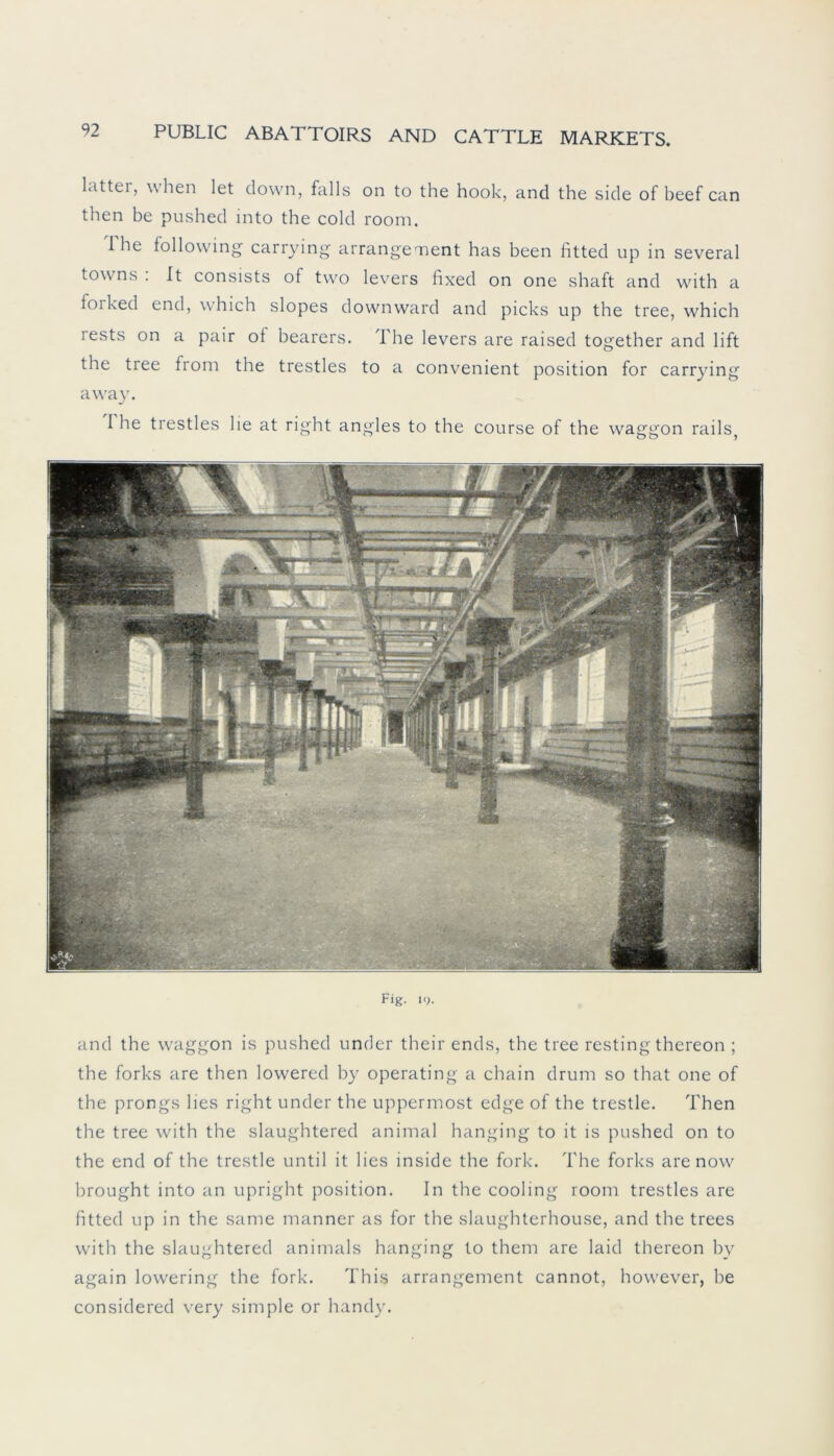 latter, when let down, falls on to the hook, and the side of beef can then be pushed into the cold room. 1 he following carrying arrangement has been fitted up in several towns : It consists of two levers fixed on one shaft and with a foiked end, which slopes downward and picks up the tree, which rests on a pair ot bearers. The levers are raised together and lift the tree from the trestles to a convenient position for carrying avvay. I he trestles lie at right angles to the course of the waggon rails, Fig. 19. and the waggon is pushed under their ends, the tree resting thereon ; the forks are then lowered by operating a chain drum so that one of the prongs lies right under the uppermost edge of the trestle. Then the tree with the slaughtered animal hanging to it is pushed on to the end of the trestle until it lies inside the fork. The forks are now brought into an upright position. In the cooling room trestles are fitted up in the same manner as for the slaughterhouse, and the trees with the slaughtered animals hanging to them are laid thereon by again lowering the fork. This arrangement cannot, however, be considered very simple or handy.