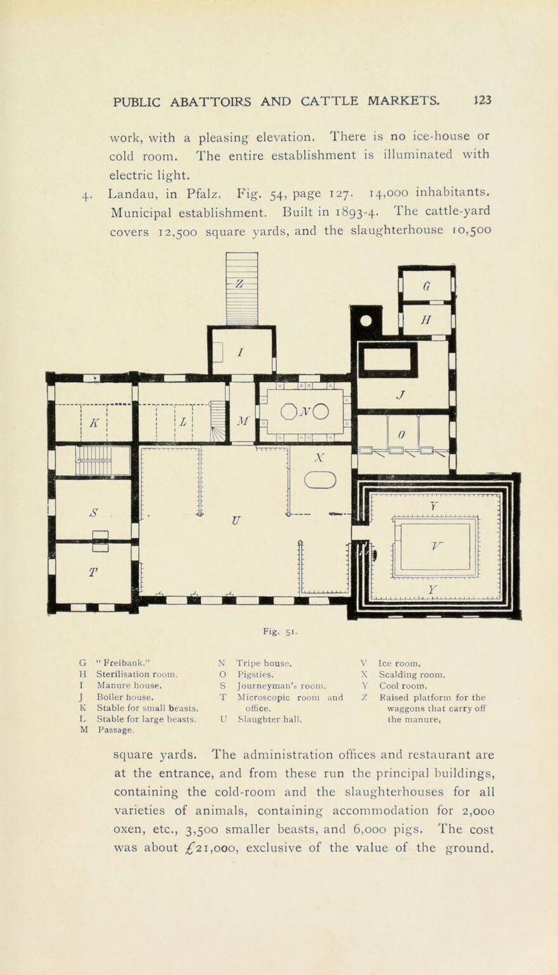 work, with a pleasing elevation. There is no ice-house or colcl room. The entire establishment is illuminated with electric light. 4. Landau, in Pfalz. Fig. 54, page 127. 14,000 inhabitants. Municipal establishment. Built in 1893-4. 1 he cattle-yard covers 12,500 square )^ards, and the slaughterhouse 10,500 Fig. 51- G H I J K L M square yards. The administration offices and restaurant are at the entrance, and from these run the principal buildings, containing the cold-room and the slaughterhouses for all varieties of animals, containing accommodation for 2,000 oxen, etc., 3,500 smaller beasts, and 6,000 pigs. The cost was about ^21,000, exclusive of the value of the ground. “ Freibank.” N Sterilisation room. O Manure house. S Boiler house. T Stable for small beasts. Stable for large beasts. U Passage. Tripe house. Pigsties. Journeyinan’s room. Microscopic room and Office. Slaughter hall. V Ice room. X Sealding room. Y Cool room. Z Raised platform for the Waggons that carry off the manure,