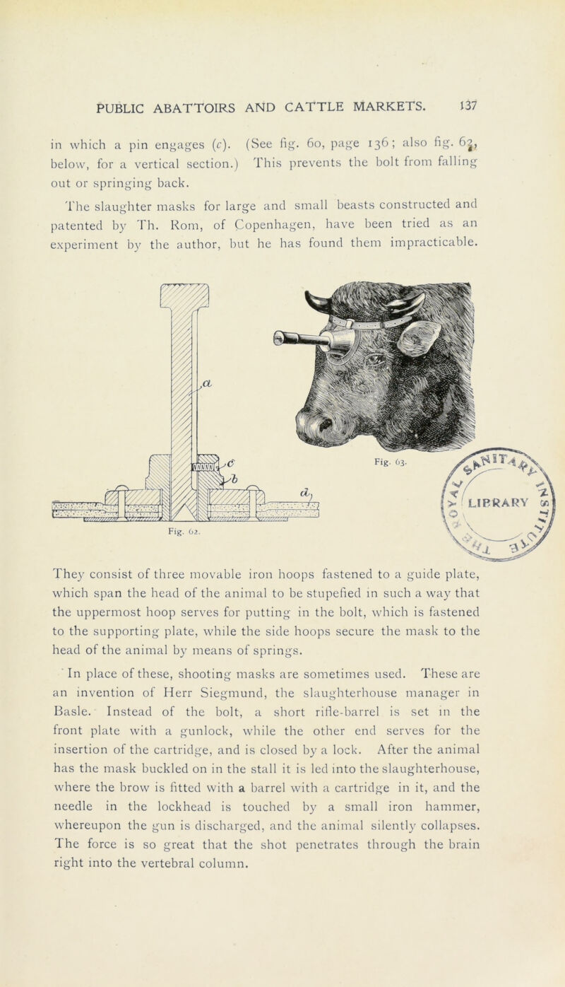 in which a pin engages (c). (See fig. 60, page 136; also fig. 62, below, for a vertical section.) This prevents the bolt from falling out or springing back. The slaughter masks for large and small beasts constructed and patented by Th. Rom, of Copenhagen, have been tried as an experiment by the author, but he has found them impracticable. They consist of three movable iron hoops fastened to a guide plate, which span the head of the animal to be stupefied in such a way that the uppermost hoop serves for putting in the bolt, which is fastened to the supporting plate, while the side hoops secure the mask to the head of the animal by means of springs. In place of these, shooting masks are sometimes used. These are an invention of Herr Siegmund, the slaughterhouse managet' in Basle. Instead of the bolt, a short rifle-barrel is set in the front plate with a gunlock, while the other end serves for the insertion of the Cartridge, and is closed by a lock. After the animal has the mask buckled on in the stall it is led mto the slaughterhouse, where the brow is fitted with a barrel with a cartridge in it, and the needle in the lockhead is touched by a small iron hammer, whereupon the gun is discharged, and the animal silently collapses. The force is so great that the shot penetrates through the brain right into the vertebral column.