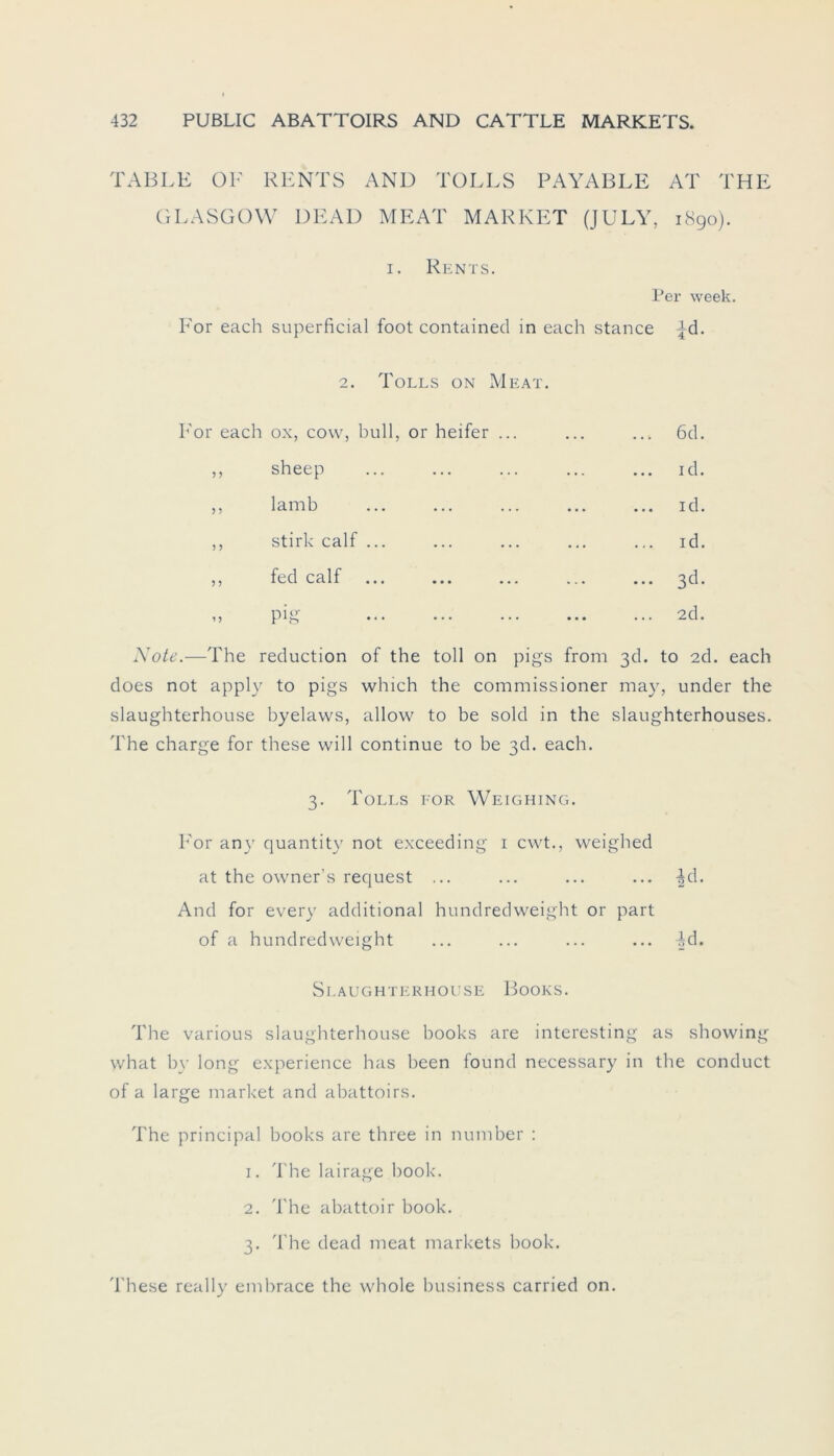 TABLE OE RENTS AND TÜLLS PAYABLE GLASGOW DEAL MEAT MARKET (JULY, AT THE 1890). 1. Rents. Per week. For each superficial foot contained in each stance ^d. 2. Tolls on Meat. Eor each ox, cow, bull, or heifer ... ... ... 6d. ,, sheep ... ... ... ... ... id. ,, lamb ... ... ... ... ... id. ,, stirk calf ... ... ... ... ... id. ,, fed calf ... ... ... ... ... 3d. ,, pig ... ... ... ... ... 2d. Note.—The reduction of the toll on pigs from 3d. to 2d. each does not apply to pigs which the commissioner may, under the slaughterhouse byelaws, allow to be sold in the slaughterhouses. The Charge for these will continue to be 3h. each. 3. Tolls for Weighing. Eor any quantity not exceeding 1 cwt., weighed at the owner’s request ... ... ... ... -|d. And for every additional hundredweight or part of a hundredweight ... ... ... ... -id. Slaughterhouse Books. The various slaughterhouse books are interesting as showing what by long experience has been found necessary in the conduct of a large market and abattoirs. The principal books are three in number : 1. The lairage book. 2. The abattoir book. 3. The dead meat markets book. These really embrace the whole business carried on.