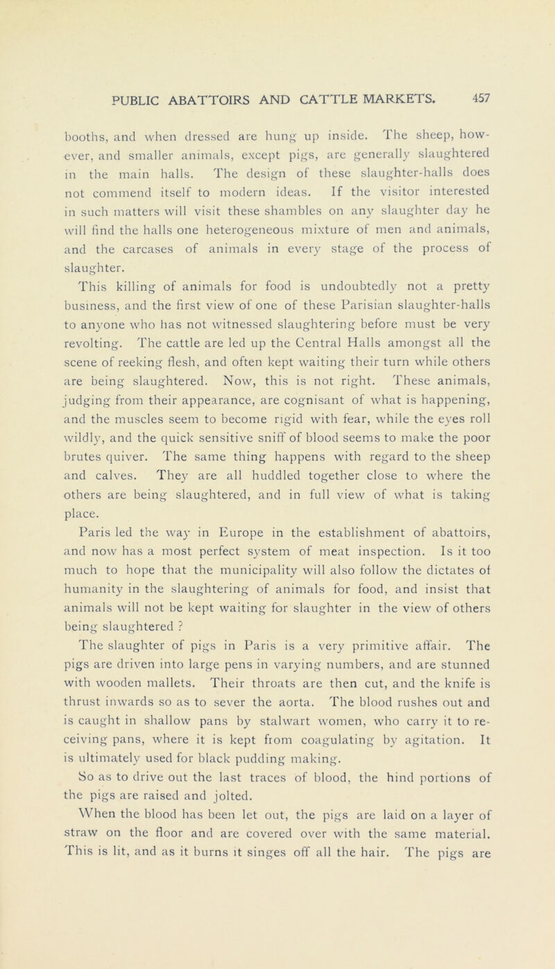 booths, and when dressed are hung up inside. The sheep, how- ever, and smaller animals, except pigs, are generally slaughtered in the main halls. The design of these slaughter-halls does not commend itself to modern ideas. If the visitor interested in such matters will visit these shambles on any slaughter day he will find the halls one heterogeneous mixture of men and animals, and the carcases of animals in every stage of the process of slaughter. This killing of animals for food is undoubtedly not a pretty business, and the first view of one of these Parisian slaughter-halls to anyone who has not witnessed slaughtering before must be very revolting. The cattle are led up the Central Halls amongst all the scene of reeking flesh, and often kept waiting their turn while others are being slaughtered. Now, this is not right. These animals, judging from their appearance, are cognisant of what is happening, and the muscles seem to become rigid with fear, while the eyes roll wildly, and the quick sensitive sniff of blood seems to make the poor brutes quiver. The same thing happens with regard to the sheep and calves. They are all huddled together close to where the others are being slaughtered, and in full view of what is taking place. Paris led the way in Europe in the establishment of abattoirs, and now has a most perfect System of meat inspection. Is it too much to hope that the municipality will also follow the dictates ol humanity in the slaughtering of animals for food, and insist that animals will not be kept waiting for slaughter in the view of others being slaughtered ? The slaughter of pigs in Paris is a very primitive affair. The pigs are driven into large pens in varying numbers, and are stunned with wooden mallets. Their throats are then cut, and the knife is thrust inwards so as to sever the aorta. The blood rushes out and is caught in shallow pans by stalwart women, who carry it to re- ceiving pans, where it is kept from coagulating by agitation. It is ultimately used for black pudding making. !5o as to drive out the last traces of blood, the hind portions of the pigs are raised and jolted. When the blood has been let out, the pigs are laid on a layer of straw on the floor and are covered over with the same material. This is lit, and as it burns it singes off all the hair. The pigs are
