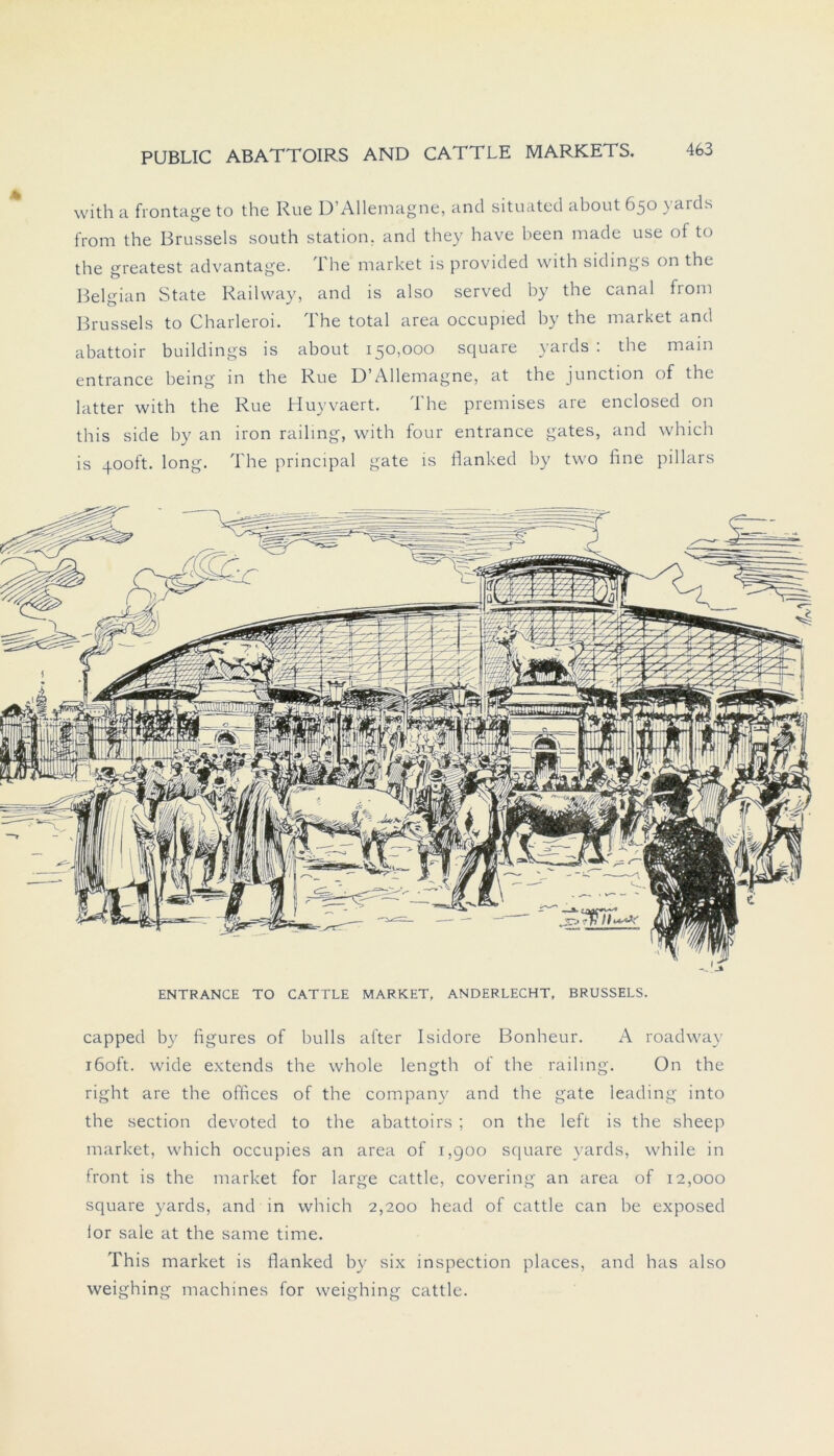 with a frontage to the Rue D’Allemagne, and situated about 650 yards from the Brussels south Station, and they have been made use of to the greatest advantage. I he market is provided with sichngs on the Belgian State Railway, and is also served by the canal from Brussels to Charleroi. The total area occupied hy the market and abattoir buildings is about 150,000 square yards : the main entrance being in the Rue D’Allemagne, at the junction of the latter with the Rue Huyvaert. The premises are enclosed on this side by an iron railing, with four entrance gates, and which is qooft. long. The principal gate is flanked by two fine pillars ENTRANCE TO CATTLE MARKET, ANDERLECHT, BRUSSELS. capped by figures of bulls after Isidore Bonheur. A roadway iöoft. wide extends the whole length of the railing. On the right are the offices of the Company and the gate leading into the section devoted to the abattoirs ; on the left is the sheep market, which occupies an area of 1,900 square yards, while in front is the market for large cattle, covering an area of 12,000 square yards, and in which 2,200 head of cattle can be exposed lor sale at the same time. This market is flanked by six inspection places, and has also weighing machines for weighing cattle.