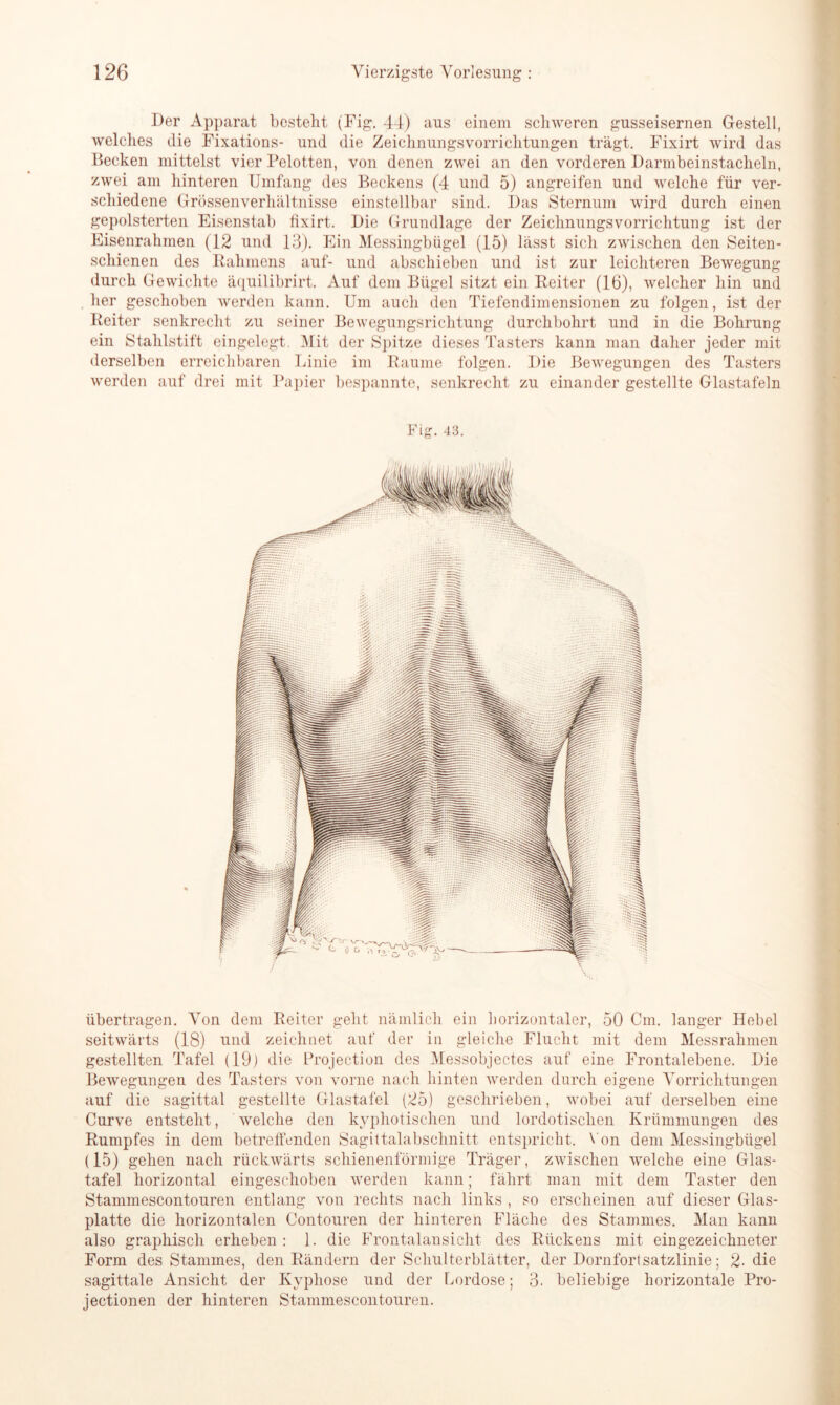 Der Apparat besteht (Fig. 44) aus einem schweren gusseisernen Gestell, welches die Fixations- und die Zeichnungsvorrichtungen trägt. Fixirt wird das Becken mittelst vier Pelotten, von denen zwei an den vorderen Darmbeinstacheln, zwei am hinteren Umfang des Beckens (4 und 5) angreifen und welche für ver- schiedene Grössenverhältnisse einstellbar sind. Das Sternum wird durch einen gepolsterten Eisenstab fixirt. Die Grundlage der Zeichnungsvorrichtung ist der Eisenrahmen (12 und 13). Ein Messingbügel (15) lässt sich zwischen den Seiten- schienen des Rahmens auf- und abschieben und ist zur leichteren Bewegung durch Gewichte äquilibrirt. Auf dem Bügel sitzt ein Reiter (16), welcher hin und her geschoben werden kann. Um auch den Tiefendimensionen zu folgen, ist der Reiter senkrecht zu seiner Bewegungsrichtung durchbohrt und in die Bohrung ein Stahlstift eingelegt. Mit der Spitze dieses Tasters kann man daher jeder mit derselben erreichbaren Linie im Raume folgen. Die Bewegungen des Tasters werden auf drei mit Papier bespannte, senkrecht zu einander gestellte Glastafeln Fig. 43. übertragen. Von dem Reiter geht nämlich ein horizontaler, 50 Cm. langer Hebel seitwärts (18) und zeichnet auf der in gleiche Flucht mit dem Messrahmen gestellten Tafel (19) die Projection des Messobjectes auf eine Frontalebene. Die Bewegungen des Tasters von vorne nach hinten werden durch eigene Vorrichtungen auf die sagittal gestellte Glastafel (25) geschrieben, wobei auf derselben eine Curve entsteht, welche den kyphotischen und lordotisclien Krümmungen des Rumpfes in dem betreffenden Sagittalabschnitt entspricht. Von dem Messingbügel (15) gehen nach rückwärts schienenförmige Träger, zwischen welche eine Glas- tafel horizontal eingeschoben werden kann; fährt man mit dem Taster den Stammescontouren entlang von rechts nach links , so erscheinen auf dieser Glas- platte die horizontalen Contouren der hinteren Fläche des Stammes. Man kann also graphisch erheben: 1. die Frontalansicht des Rückens mit eingezeichneter Form des Stammes, den Rändern der Schulterblätter, der Dornfortsatzlinie; 2. die sagittale Ansicht der Kyphose und der Lordose; 3. beliebige horizontale Pro- jectionen der hinteren Stammescontouren.