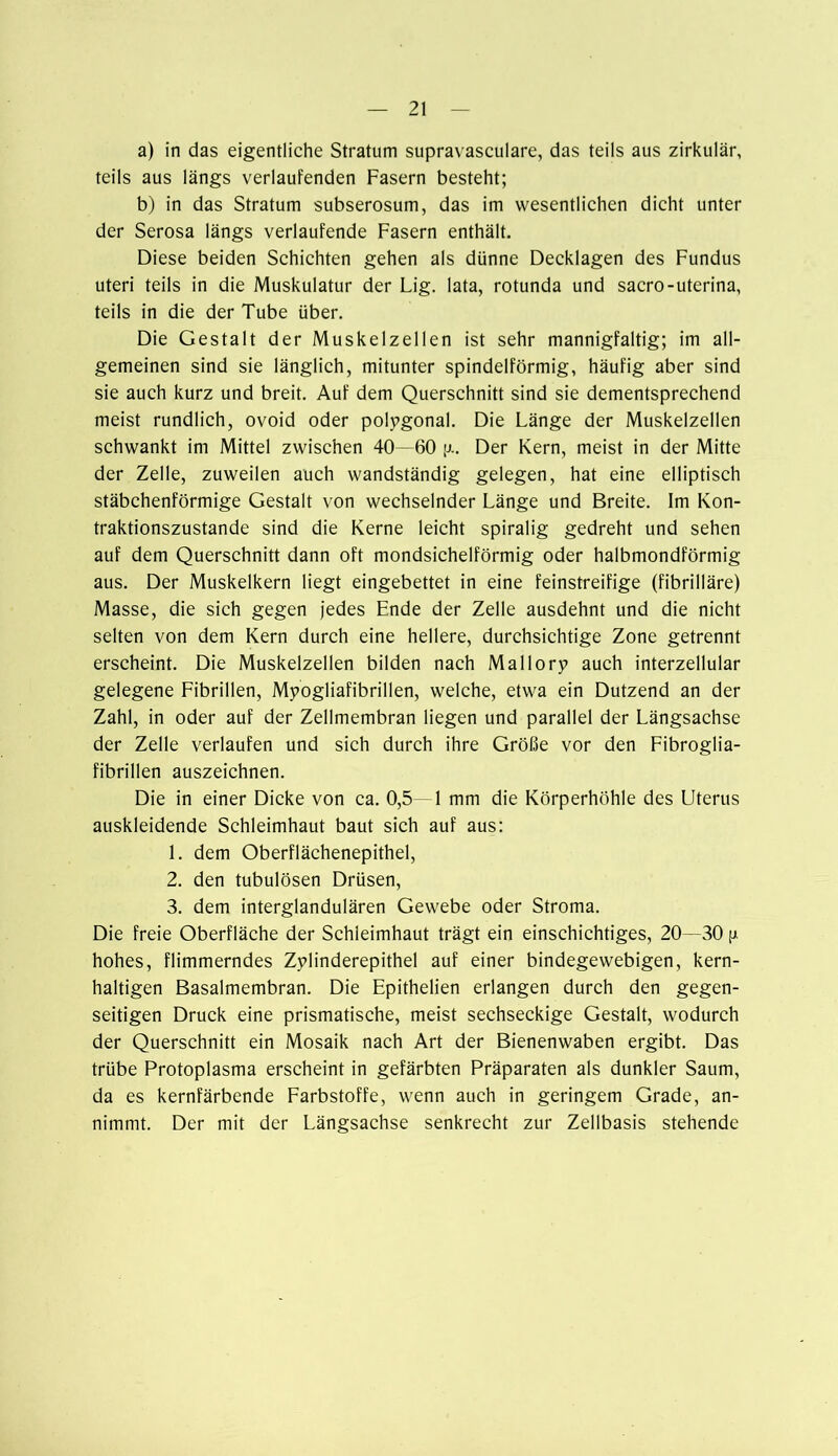 a) in das eigentliche Stratum supravasculare, das teils aus zirkulär, teils aus längs verlaufenden Fasern besteht; b) in das Stratum subserosum, das im wesentlichen dicht unter der Serosa längs verlaufende Fasern enthält. Diese beiden Schichten gehen als dünne Decklagen des Fundus uteri teils in die Muskulatur der Lig. lata, rotunda und sacro-uterina, teils in die der Tube über. Die Gestalt der Muskelzellen ist sehr mannigfaltig; im all- gemeinen sind sie länglich, mitunter spindelförmig, häufig aber sind sie auch kurz und breit. Auf dem Querschnitt sind sie dementsprechend meist rundlich, ovoid oder polygonal. Die Länge der Muskelzellen schwankt im Mittel zwischen 40—60 Der Kern, meist in der Mitte der Zelle, zuweilen auch wandständig gelegen, hat eine elliptisch stäbchenförmige Gestalt von wechselnder Länge und Breite. Im Kon- traktionszustande sind die Kerne leicht spiralig gedreht und sehen auf dem Querschnitt dann oft mondsichelförmig oder halbmondförmig aus. Der Muskelkern liegt eingebettet in eine feinstreifige (fibrilläre) Masse, die sich gegen jedes Ende der Zelle ausdehnt und die nicht selten von dem Kern durch eine hellere, durchsichtige Zone getrennt erscheint. Die Muskelzellen bilden nach Mallory auch interzellular gelegene Fibrillen, Myogliafibrillen, welche, etwa ein Dutzend an der Zahl, in oder auf der Zellmembran liegen und parallel der Längsachse der Zelle verlaufen und sich durch ihre Größe vor den Fibroglia- fibrillen auszeichnen. Die in einer Dicke von ca. 0,5—1 mm die Körperhöhle des Uterus auskleidende Schleimhaut baut sich auf aus: 1. dem Oberflächenepithel, 2. den tubulösen Drüsen, 3. dem interglandulären Gewebe oder Stroma. Die freie Oberfläche der Schleimhaut trägt ein einschichtiges, 20—30 pt hohes, flimmerndes Zylinderepithel auf einer bindegewebigen, kern- haltigen Basalmembran. Die Epithelien erlangen durch den gegen- seitigen Druck eine prismatische, meist sechseckige Gestalt, wodurch der Querschnitt ein Mosaik nach Art der Bienenwaben ergibt. Das trübe Protoplasma erscheint in gefärbten Präparaten als dunkler Saum, da es kernfärbende Farbstoffe, wenn auch in geringem Grade, an- nimmt. Der mit der Längsachse senkrecht zur Zellbasis stehende