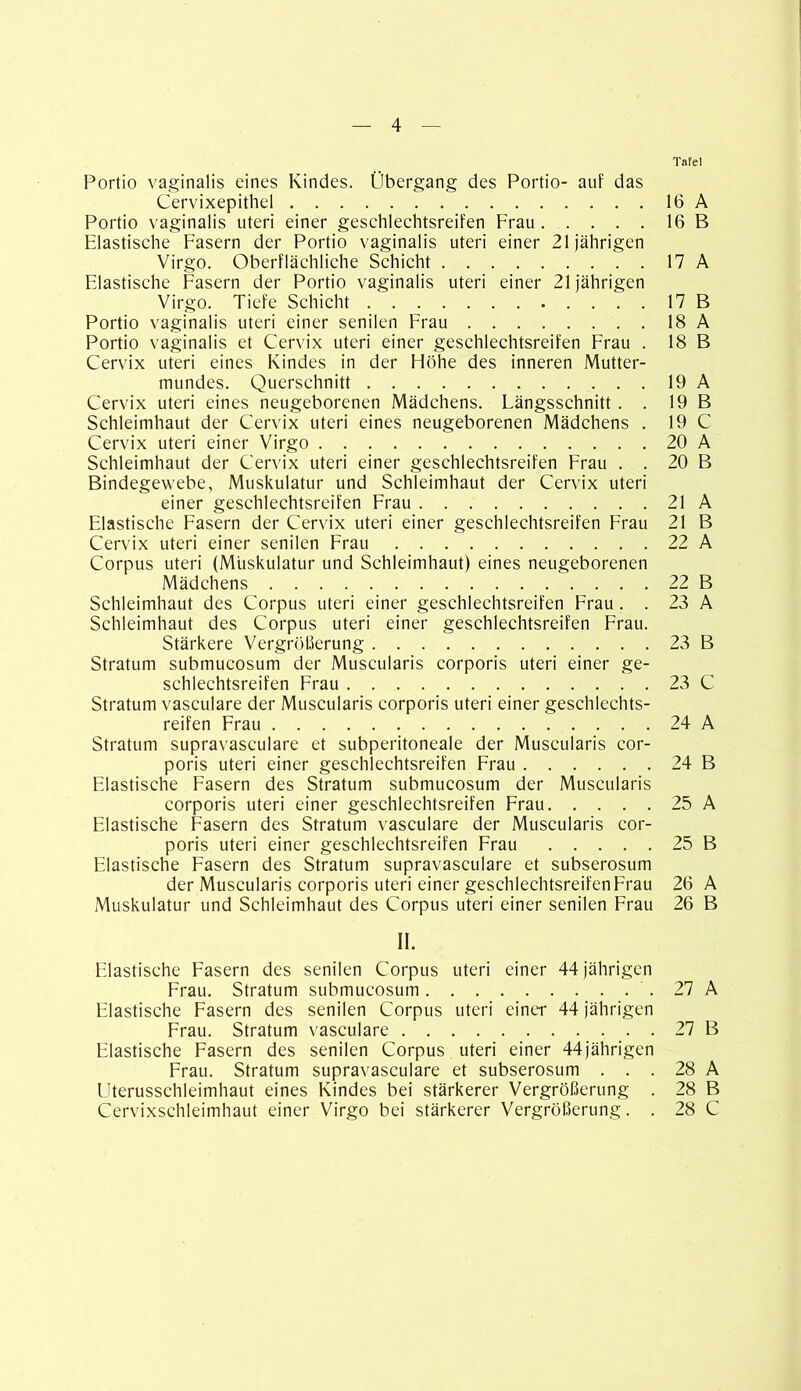 Tafel Portio vaginalis eines Kindes. Übergang des Portio- auf das Cervixepithel 16 A Portio vaginalis Uteri einer geschlechtsreifen Frau 16 B Elastische Fasern der Portio vaginalis uteri einer 21jährigen Virgo. Oberflächliche Schicht 17 A Elastische Fasern der Portio vaginalis uteri einer 21jährigen Virgo. Tiefe Schicht 17 B Portio vaginalis uteri einer senilen Frau 18 A Portio vaginalis et Cervix uteri einer geschlechtsreifen Frau . 18 B Cervix uteri eines Kindes in der Höhe des inneren Mutter- mundes. Querschnitt 19 A Cervix uteri eines neugeborenen Mädchens. Längsschnitt . . 19 B Schleimhaut der Cervix uteri eines neugeborenen Mädchens . 19 C Cervix uteri einer Virgo 20 A Schleimhaut der Cervix uteri einer geschlechtsreifen Frau . . 20 B Bindegewebe, Muskulatur und Schleimhaut der Cervix uteri einer geschlechtsreifen Frau 21 A Elastische Fasern der Cervix uteri einer geschlechtsreifen Frau 21 B Cervix uteri einer senilen Frau 22 A Corpus uteri (Muskulatur und Schleimhaut) eines neugeborenen Mädchens 22 B Schleimhaut des Corpus uteri einer geschlechtsreifen Frau . . 23 A Schleimhaut des Corpus uteri einer geschlechtsreifen Frau. Stärkere Vergrößerung 23 B Stratum submucosum der Muscularis corporis uteri einer ge- schlechtsreifen Frau 23 C Stratum vasculare der Muscularis corporis uteri einer geschlechts- reifen Frau 24 A Stratum supravasculare et subperitoneale der Muscularis cor- poris uteri einer geschlechtsreifen Frau 24 B Elastische Fasern des Stratum submucosum der Muscularis corporis uteri einer geschlechtsreifen Frau 25 A Elastische Fasern des Stratum vasculare der Muscularis cor- poris uteri einer geschlechtsreifen Frau 25 B Elastische Fasern des Stratum supravasculare et subserosum der Muscularis corporis uteri einer geschlechtsreifen Frau 26 A Muskulatur und Schleimhaut des Corpus uteri einer senilen Frau 26 B II. Elastische Fasern des senilen Corpus uteri einer 44 jährigen Frau. Stratum submucosum 27 A Elastische Fasern des senilen Corpus uteri einer 44 jährigen Frau. Stratum vasculare 27 B Elastische Fasern des senilen Corpus uteri einer 44jährigen Frau. Stratum supravasculare et subserosum ... 28 A Uterusschleimhaut eines Kindes bei stärkerer Vergrößerung . 28 B Cervixschleimhaut einer Virgo bei stärkerer Vergrößerung. . 28 C