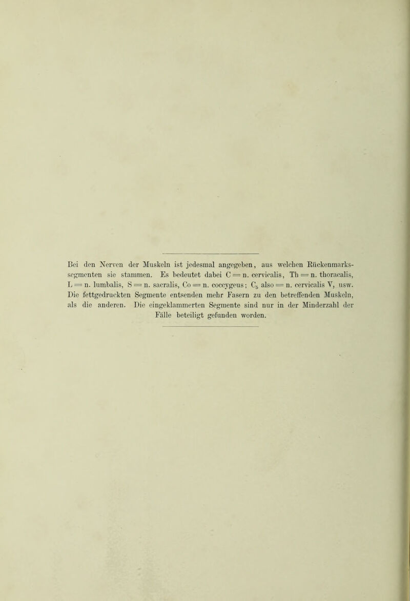 Bei den Nerven der Muskeln ist jedesmal angegeben, aus welchen Rückenmarks- segmenten sie stammen. Es bedeutet dabei C = n. cervicalis, Th = n. tboraealis, L = n. lumbalis, S = n. sacralis, Co = n. coccygeus; C5 also = n. cervicalis V, usw. Die fettgedruckten Segmente entsenden mehr Fasern zu den betreffenden Muskeln, als die anderen. Die eingeklammerten Segmente sind nur in der Minderzahl der Fälle beteiligt gefunden worden.