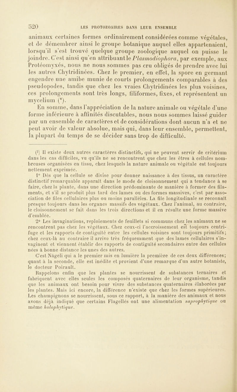 animaux certaines formes ordinairement considérées comme végétales, et de démembrer ainsi le groupe botanique auquel elles appartenaient, lorsqu’il s’est trouvé quelque groupe zoologique auquel on puisse le joindre. C’est ainsi qu’en attribuant le par exemple, aux Protéomyxés, nous ne nous sommes pas cru obligés de prendre avec lui les autres Chytridinées. Chez le premier, en effet, la spore en germant engendre une amibe munie de courts prolongements comparables à des pseudopodes, tandis que chez les vraies Chytridinées les plus voisines, ces prolongements sont très longs, filiformes, fixes, et représentent un mycélium (*). En somme, dans l’appréciation de la nature animale ou végétale d’une forme inférieure à affinités discutables, nous nous sommes laissé guider par un ensemble de caractères et de considérations dont aucun n’a et ne peut avoir de valeur absolue, mais qui, dans leur ensemble, permettent, la plupart du temps de se décider sans trop de difficulté. (I) Il existe deux autres caractères distinctifs, qui ne peuvent servir de critérium dans les cas difficiles, vu qu’ils ne se rencontrent que chez les êtres à cellules nom- breuses organisées en tissu, chez lesquels la nature animale ou végétale est toujours nettement exprimée. 1° Dès que la cellule se divise pour donner naissance à des tissus, un caractère distinctif remarquable apparaît dans le mode de cloisonnement qui a tendance à se faire, chez la plante, dans une direction prédominante de manière à former des fila- ments, et s’il se produit plus tard des lames ou des formes massives, c’est par asso- ciation de files cellulaires plus ou moins parallèles. La file longitudinale se reconnaît presque toujours dans les organes massifs des végétaux. Chez l’animal, au contraire, le cloisonnement se fait dans les trois directions et il en résulte une forme massive d’emblée. 2*^ Les invaginations, reploiements de feuillets si communs chez les animaux ne se rencontrent pas chez les végétaux. Chez ceux-ci l’accroissement est toujours centri- fuge et les rapports de contiguïté entre les cellules voisines sont toujours primitifs; chez ceux-là au contraire il arrive très fréquemment que des lames cellulaires s’in- vaginent et viennent établir des rapports de contiguïté secondaires entre des cellules nées à bonne distance les unes des autres. C’est Nàgeli qui a le premier mis en lumière la première de ces deux différences; quant à la seconde, elle est inédite et provient d’une remarque d’un autre botaniste, le docteur Poirault. Rappelons enfin que les plantes se nourrissent de substances ternaires et fabriquent avec elles seules les composés quaternaires de leur organisme, tandis que les animaux ont besoin pour vivre des substances quaternaires élaborées par les plantes. Mais ici encore, la différence n’existe que chez les formes supérieures. Les champignons se nourrissent, sous ce rapport, à la manière des animaux et nous avons déjà indiqué que certains Flagellés ont une alimentation saprophytiffue ou même holophytiqiie.