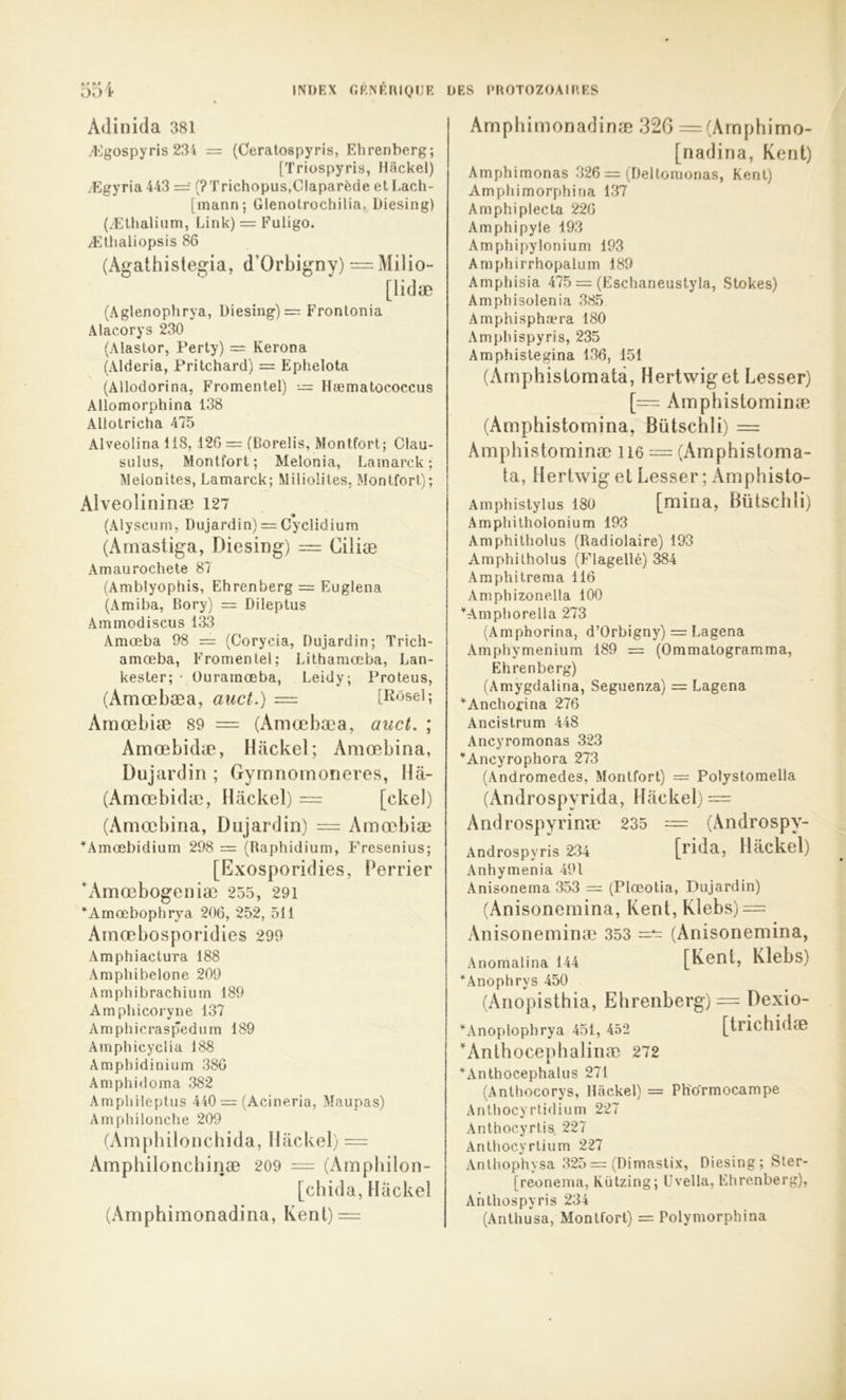 AJinida 381 Ægospyris234 = (Ceratospyris, Ehrenberg; [Triospyris, Hackel) Ægyria 443 == (? Trichopus,Claparède et Lach- [mann; Glenotrochilia, Diesing) (ÆLhaliiim, Link) = Fuligo. Æthaliopsis 86 (Agathistegia, d’Orbigny) = Milio- [lidæ (Aglenophrya, Diesing) = Frontonia Alacorys 230 (Alastor, Perty) = Kerona (Alderia, Pritchard) = Ephelota (Allodorina, Froraentel) — Hæmatococcus Allomorphina 138 Allotricha 475 Alveolina 118, 12G = (Borelis, Montfort; Clau- sulus, Montfort; Melonia, Lainarck ; Meionites, Lamarck; Miliolites, Montfort); Alveolininæ 127 « (Alysciim, Dujardin) = Cyclidium (Arnastiga, Diesing) = Ciliæ Amaurochete 87 (Amblyophis, Ehrenberg = Euglena (Amiba, Bory) = Dileptus Ammodisciis 133 Amœba 98 = (Corycia, Dujardin; Trich- amœba, Fromenlel; Lithamœba, Lan- kester; ‘ Ourarnœba, Leidy; Proteus, (Amœbæa, auct.) = [Roseï; Arnœbiæ 89 = (Amœbæa, auct. ; Amœbidæ, Hackel; Amœbina, Dujardin ; Gymnomoneres, llâ- (Amœbidaî, Hackel) = [ckel) (Amœbina, Dujardin) = Arnœbiæ ^Amœbidium 298 = (Baphidium, Fresenius; [Exosporidies, Perrier ^Vmœbogeniæ 255, 29i '^Amœbophrya 206, 252, 511 Arnœbosporidies 299 Amphiactura 188 Amphibelone 209 Amphibrachium 189 Amphicoryne 137 Amphicraspedum 189 Amphicyclia 188 Amphidinium 380 Amphidoina 382 Ampliileptus 440 = (Acineria, Maupas) Amphilonche 209 (Amphiloiicbida, Hackel) = Amphiloncliinæ 209 = (Amphilon- [cbida, Hackel (Amphimonadina, Kent) = Amphimonadinæ 326 =(Amphimo- [nadina, Kent) Amphimonas 326 = (Deltomonas, Kent) Amphimorphina 137 Amphiplecta 220 Amphipyle 193 Amphi[)ylonium 193 Amphirrhopalum 189 Amphisia 475 = (Eschaneustyla, Stokes) Amphisolenia 385 Amphisphæra 180 Ampbispyris, 235 Amphistegina 136, 151 (Amphislomatà, Hertwiget Lesser) [— Ampliislominæ (Amphistomina, Bütschli) = Amphistominæ lie = (iVmphistoma- ta, Hertwig et Lesser ; Amphisto- Amphistyius 180 [mina, Bütsciili) Amphitholonium 193 Amphitholus (Radiolaire) 193 Amphilholus (Flagellé) 384 Am phi tréma 116 Amphizonella 100 '^Amphorella 273 (Amphorina, d’Orbigny) = Lagena Amphymenium 189 = (Ommatogramma, Ehrenberg) (Amygdalina, Seguenza) = Lagena '^Anchorina 276 Ancistrum 448 Ancyromonas 323 ^Ancyrophora 273 (Andromèdes, Montfort) = Polystomella (Androspyrida, Hackel) = Androspyrinæ 235 — (Androspy- Ândrospyris 2^34 [rida, Hackel) Anhymenia 491 Anisonema 353 = (Plœotia, Dujardin) (Anisonemina, Kent,Klebs) — Anisonemintn 353 =*= (Anisonemina, Anomalina 144 [Kent, Klebs) ^Anophrys 450 (Anopisthia, Ehrenberg) = Dexio- ^Anoplophrya 451, 452 [trichidæ Anlhocephalinæ 272 '^Anthocephalus 271 (Anthocorys, Hackel) = Ph'o'rmocampe Anthocyrtidium 227 Anthocyrtis 227 Anlhocyrlium 227 Anthopbysa 325 = (Dimastix, Diesing; Ster- [reonema, Kützing; Uvella, Ehrenberg), Anthospyris 234 (Anthusa, Montfort) = Polymorphina